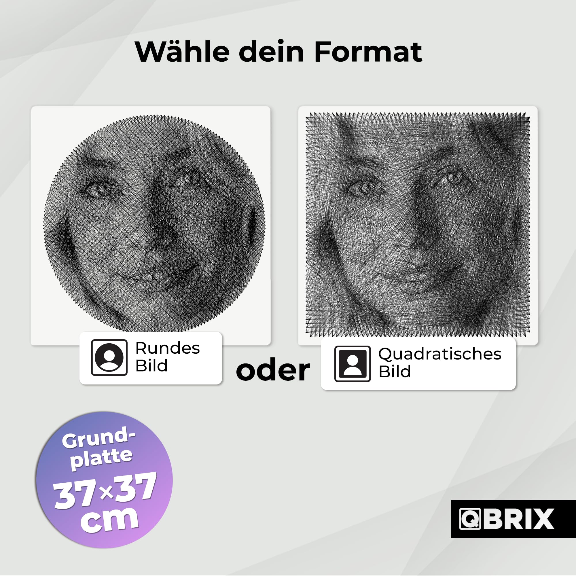 QBRIX Mini – String Art Fadenbild DIY | personalisiertes Geschenk | eigenes Foto als Garnbild | Wunschmotiv | Wandbild (Quadrat- oder Rundform 37×37 cm)