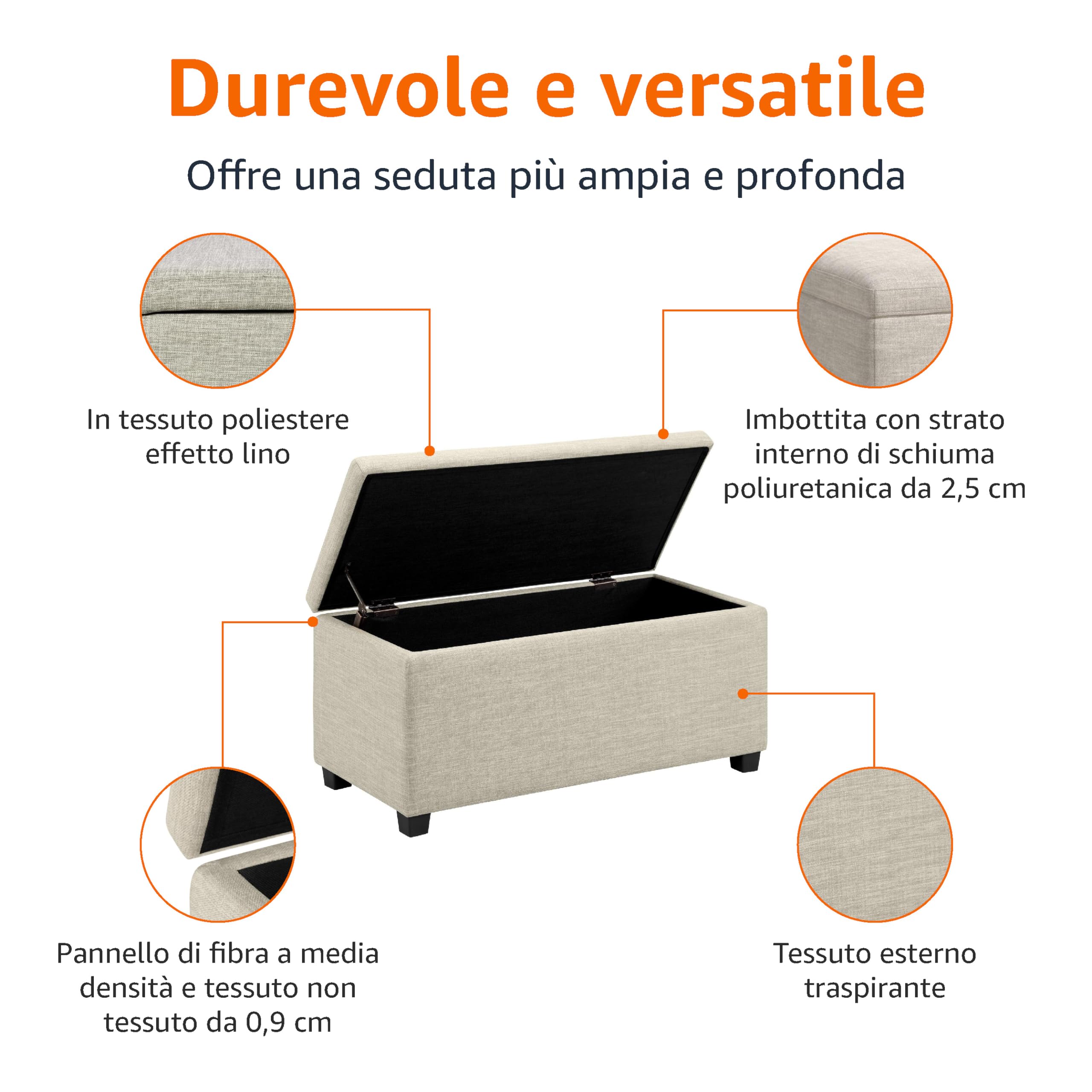 Amazon Basics Pouf rettangolare imbottito Poliestere, contenitore portaoggetti e panca da ingresso, poggiapiedi, Beige, 42 x 91 x 43 cm (L x P x A)