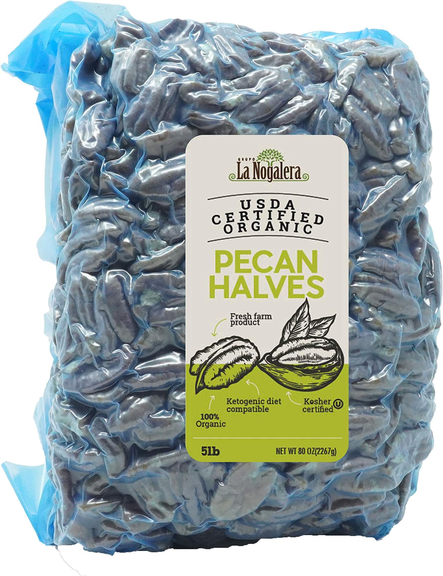 La Nogalera Organic Pecans - USDA Certified Organic Halves in 5 lbs vacuum sealed bag. Pecan nut halves, No Shell, Non-GMO, No Preservatives, Unpasteurized, Kosher and Halal and Ketogenic friendly