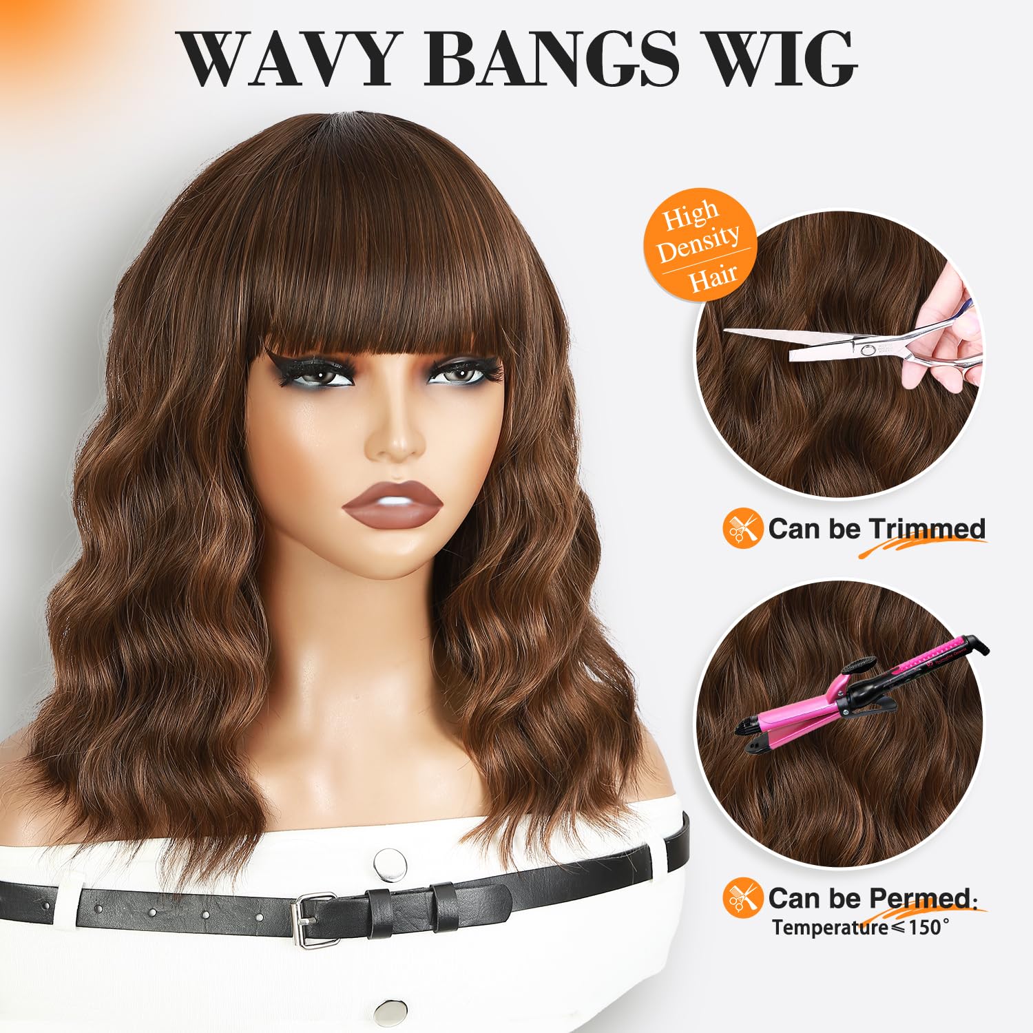 WIGNEE Krótka Falowana Peruka Bob Z Grzywką Naturalne Loki Damskie | Ombre Blond Z Pasemkami, Bezklejowe Syntetyczne Włosy Odporne Na Gorąco, 12 Cali