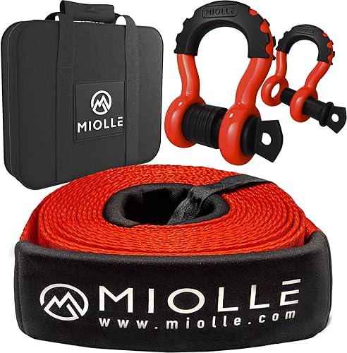 Miolle Correa de remolque de 3 x 20 pies - 33400 libras MBS (probada en laboratorio) El kit de correa de recuperación incluye cuerda de remolque, 2
