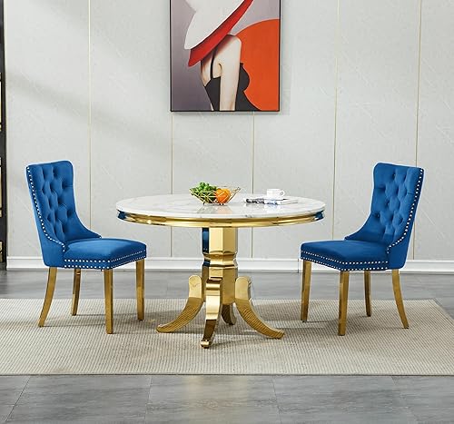 Miniatura 20 de Juego de mesa de comedor redonda para 6, mesa de comedor de cocina de mármol blanco de 45 pulgadas con 6 sillas tapizadas beige, juego de 7 sillas