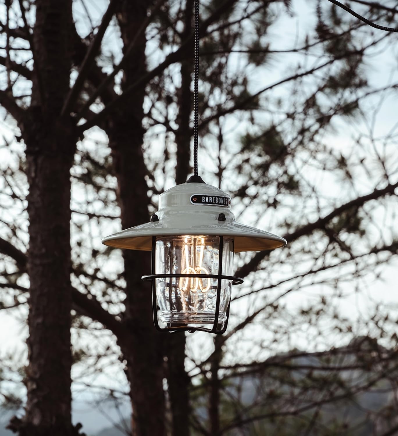 Barebones Outpost Pendant Light - Vintage White, Weather-Resistant USB-C LED Lantern with Dimmable Coiled Edison Filament, 10.5' Braided Cord, Rustic Outdoor Lighting for Patio, Porch and Backyard