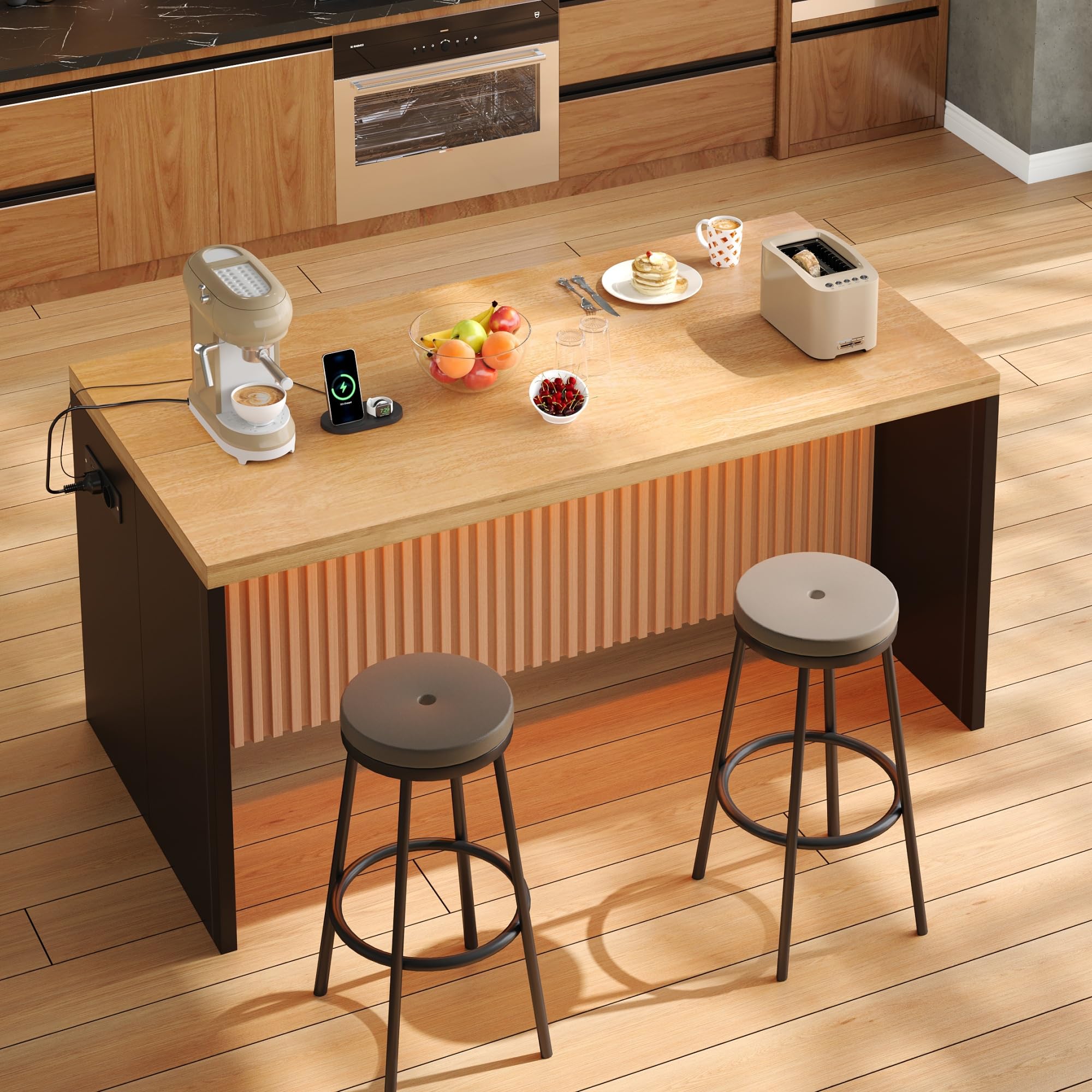 Merax Isola da cucina autoportante con piano di lavoro effetto legno da 40 mm, isola da cucina con LED, presa 2 prese, 2 USB, moderno tavolo da bar per cucina, sala da pranzo, 155 x 80 x 90 cm, nero +