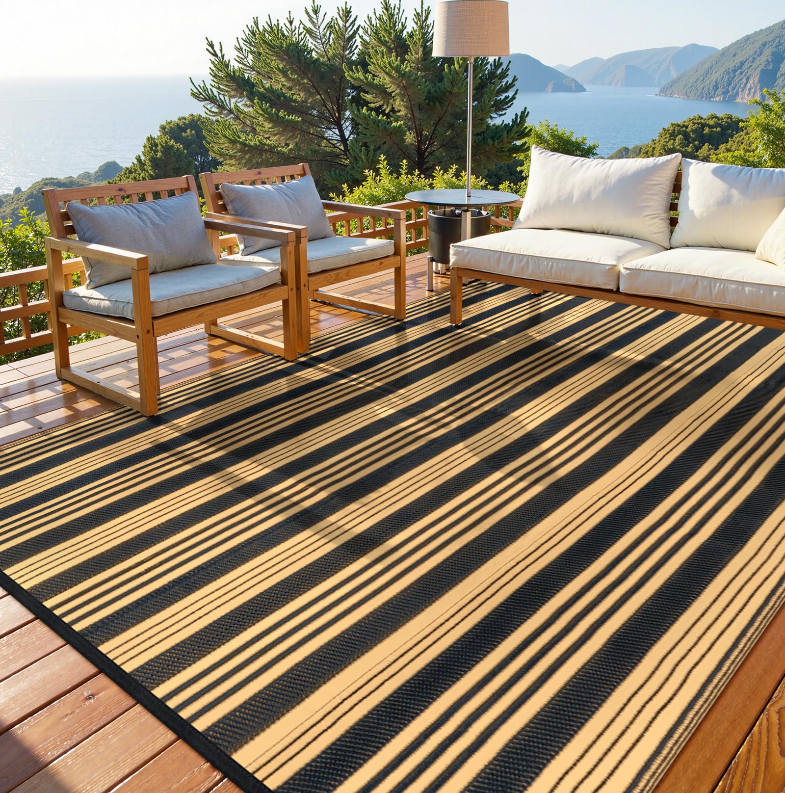 LEEVAN Waterproof Outdoor Rug 8x10 Black and Brown Patio Rug Clearance Large Plastic Straw Backyard Area Rug Striped Camping Outside Mat for Picnic,