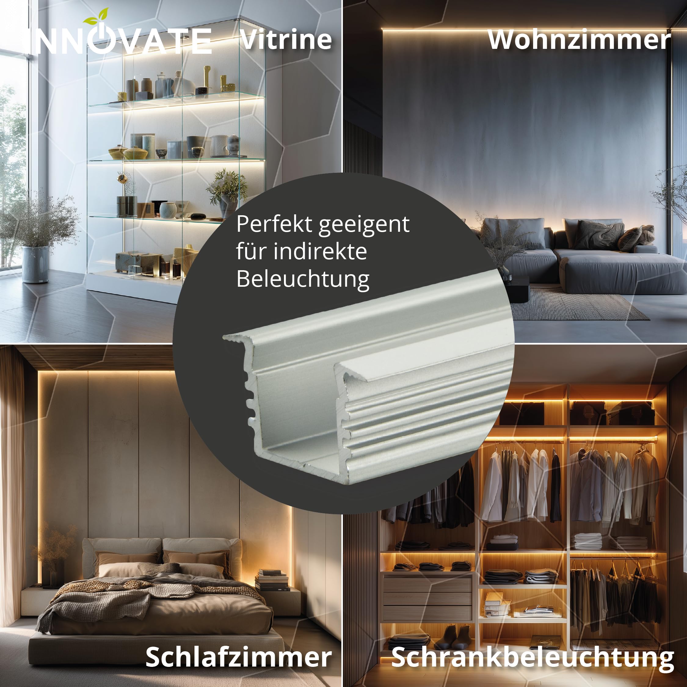 INNOVATE LED Leiste Aluminium Silber-Milchig [6x1m Einbauprofil E-12 STANDARD Aluprofil LED Streifen Set] U Profil Aluminium Indirekte Beleuchtung I Lichtleiste Deckenleisten