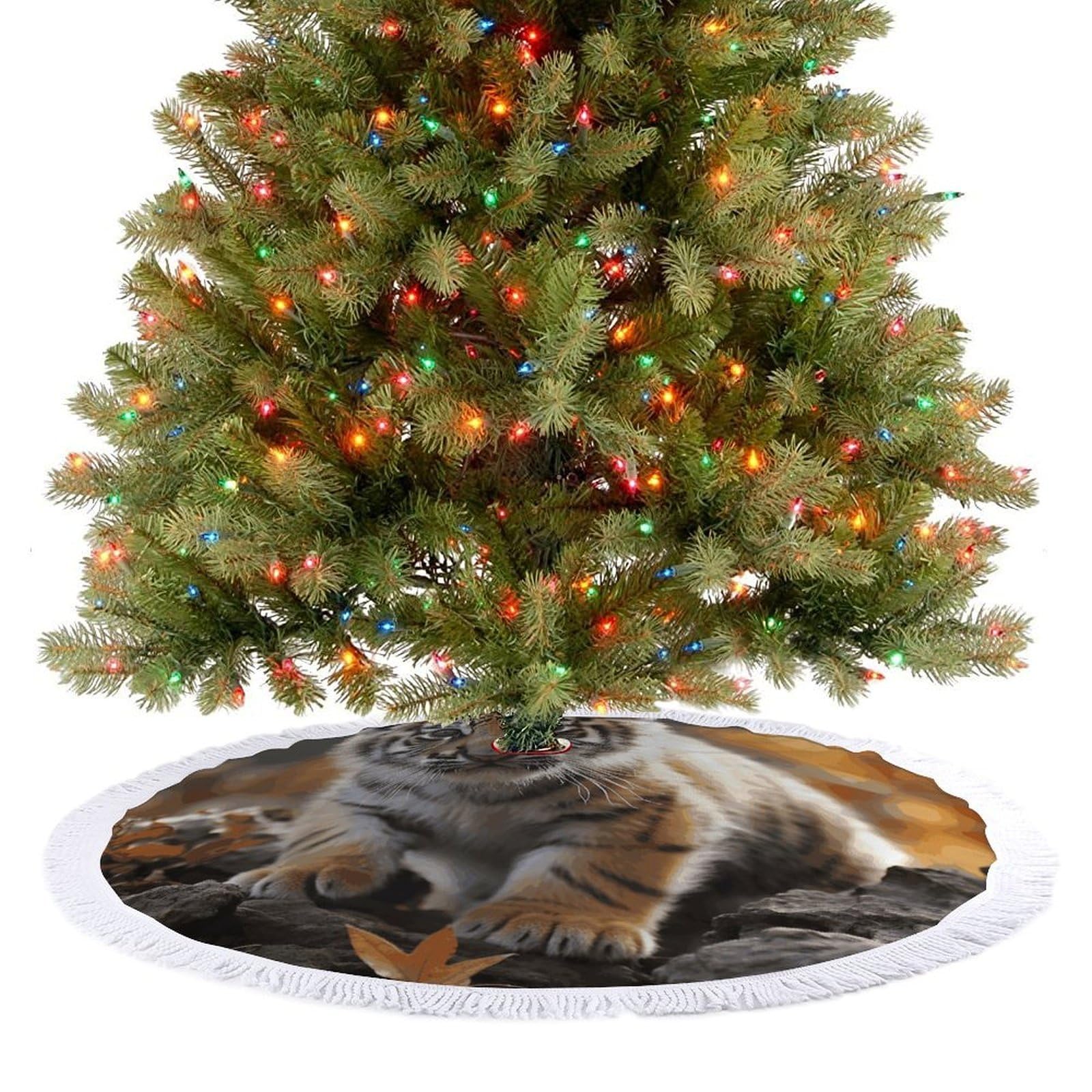 Cute Tiger Christmas Tree Skirt 36"x36" Rustic Xmas Tree Mat with Tassel Ornament Christmas Trees Cover Skirt Mat for Evergreen Trees Ornament Winter Holiday Mats Decorations