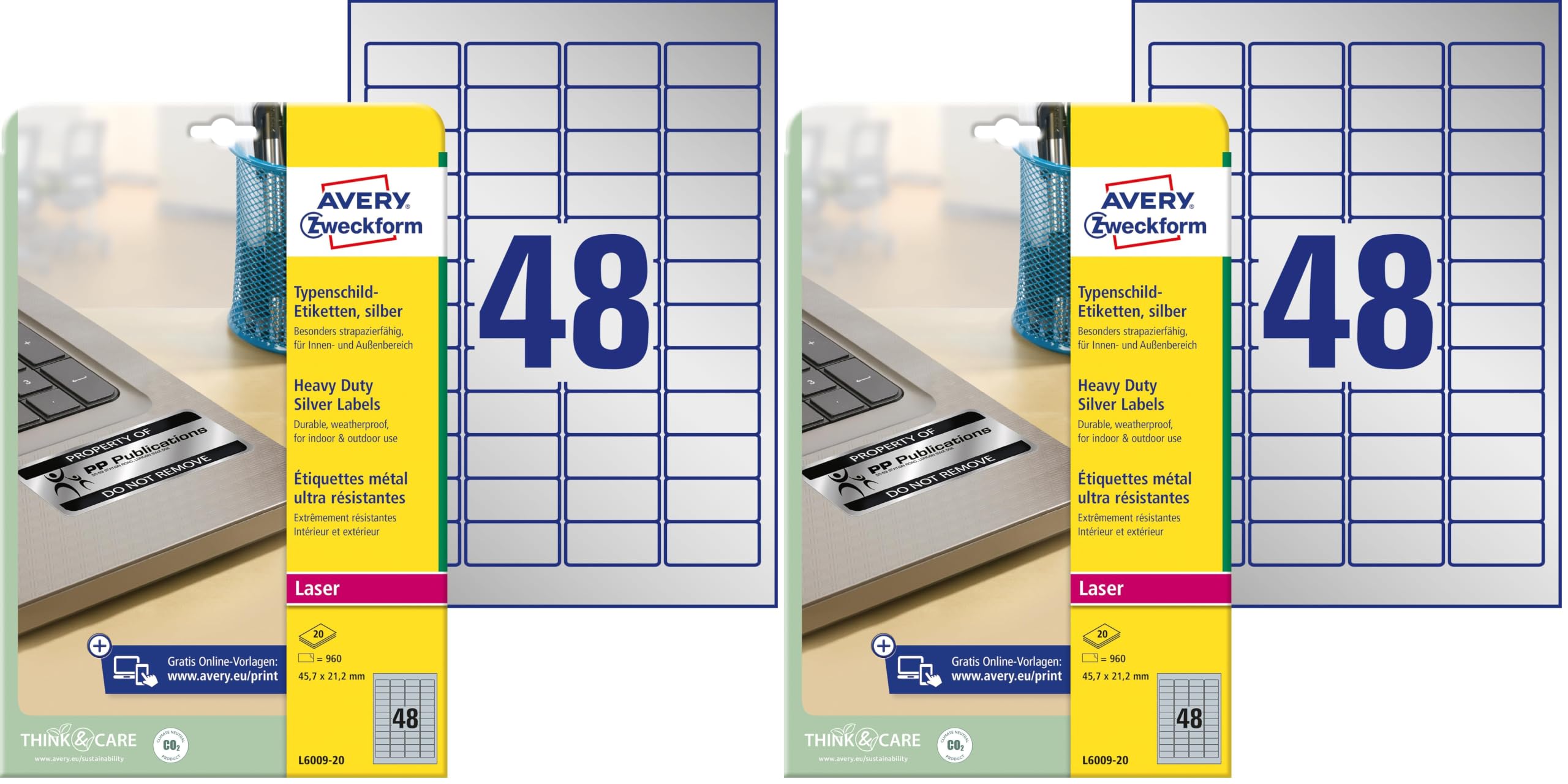 AVERY Zweckform L6009-20 Typenschild Folienetiketten (960 Aufkleber, 45,7x21,2mm auf A4, stark selbstklebend, strapazierfähig, wetterfest, bedruckbare Klebefolie, blanko) 20 Blatt, silber