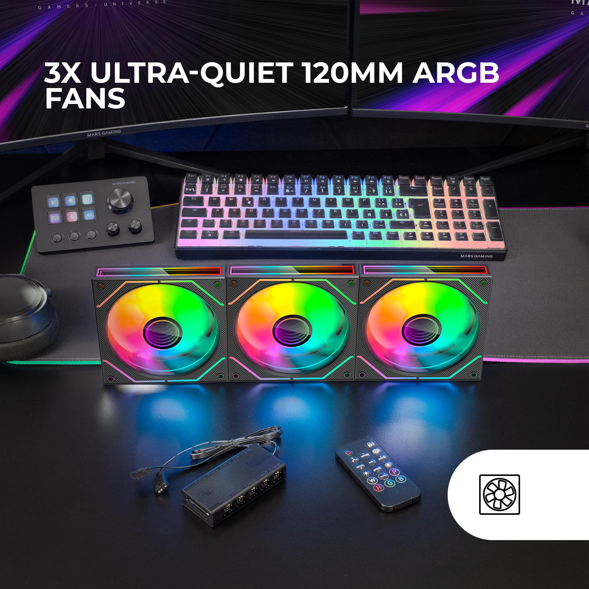 Mars Gaming MF-3DPROKIT, Kit 3x Ventole PWM 120mm, Illuminazione ARGB Infinity Mirror 3D, Sistema di Controllo PWM, Cuscinetti FDB, Telecomando e HUB, Compatibilità Totale ARGB, Nero