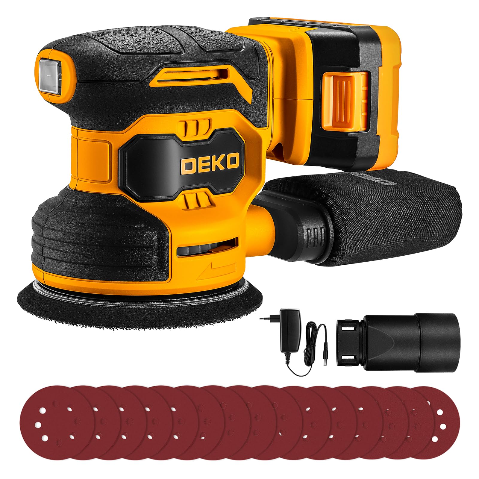 DEKOPRO Ponceuse Electrique Sans Fil: Ponceuse Orbitale 20V - Ponceuse Excentrique Haute Performance pour le Ponceuse Bois - 125mm Ponceuses Sans Fil Papier Abrasif 15 Pièces, Janue