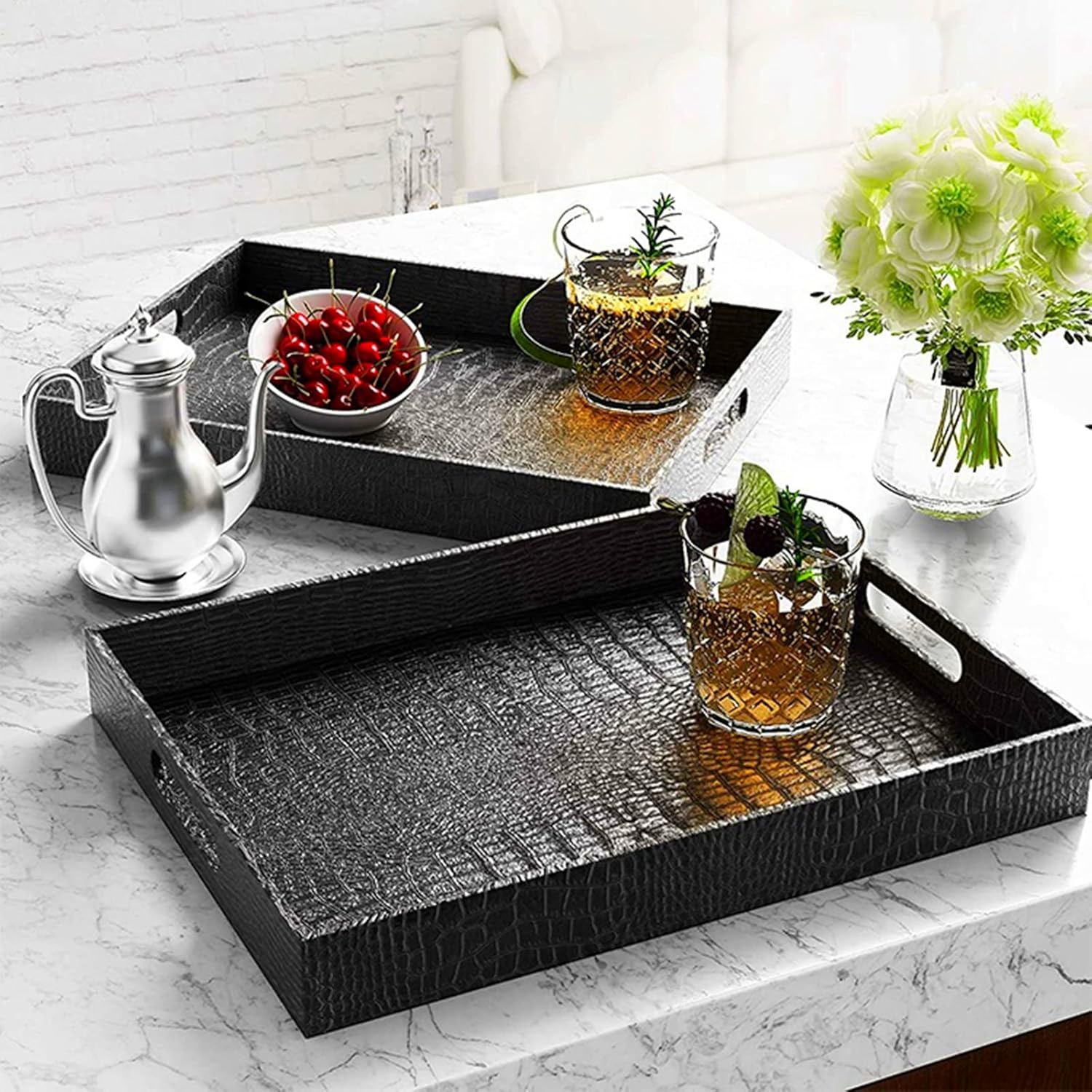 Lyellfe Black Serving Tray with Handles, Decorative Ottoman Tray in Alligator Faux Leather, 17x12 Inch Rectangular for Coffee Table, Living Room, Bed or Dressing Table - Image 6
