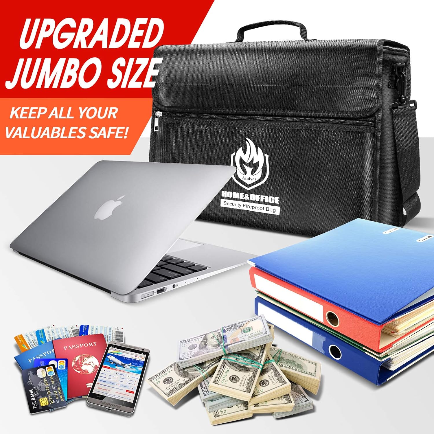 Andyer Upgraded X-Large Two Pockets Fireproof Document Bag 17"x12"x 6”, Fireproof Box [Thermal Insulated] Durable Waterproof Fabric & Lockable Zipper, Fireproof Money Bag for Home Safe fire & Water : Tools & Home Improvement