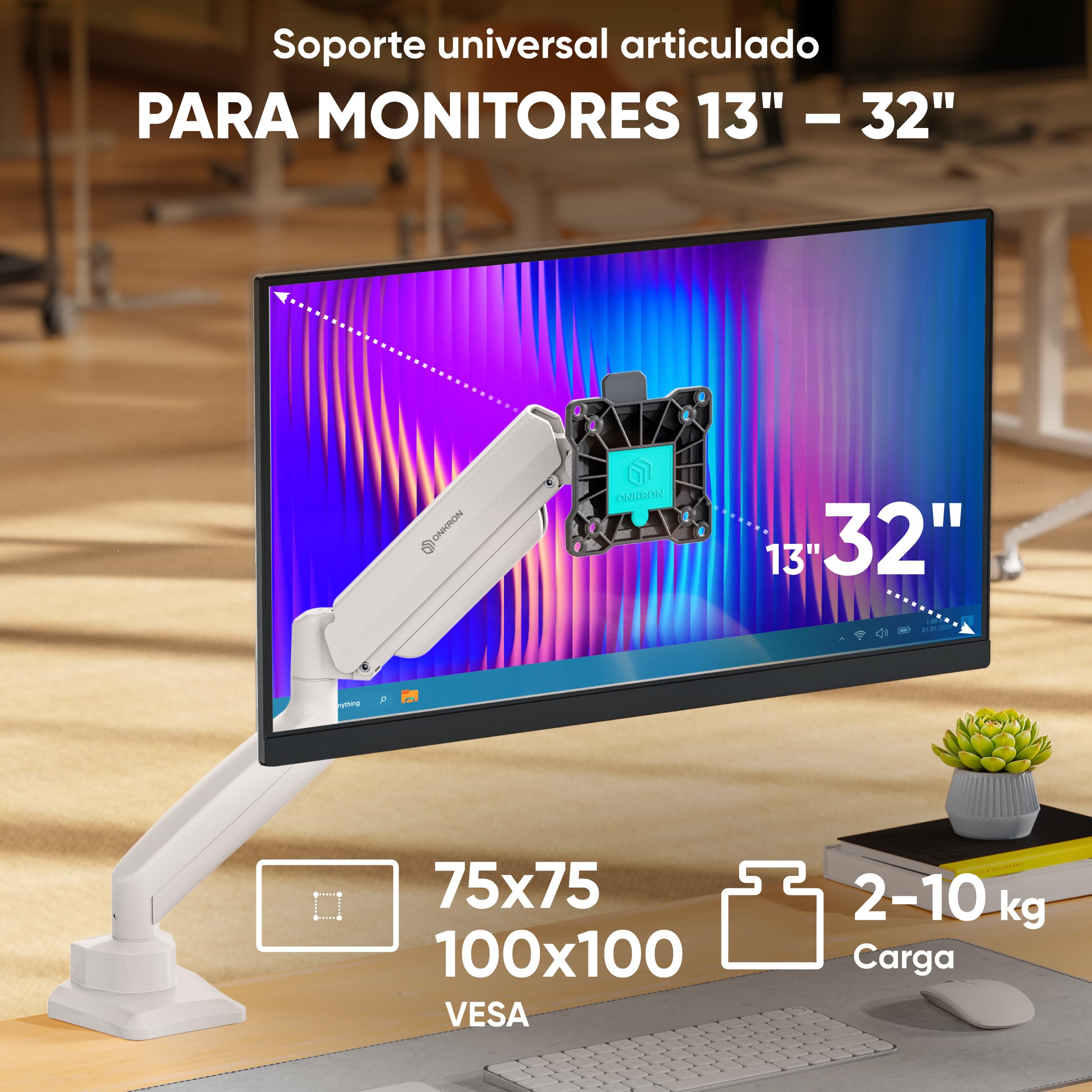 ONKRON Soporte Monitor Escritorio 13"-32", 10 kg, máx VESA 100x100, G80-BW | Brazo monitor blanco, altura ajustable, giratorio 180°, inclinable, rotación completa; para oficina y setup gaming