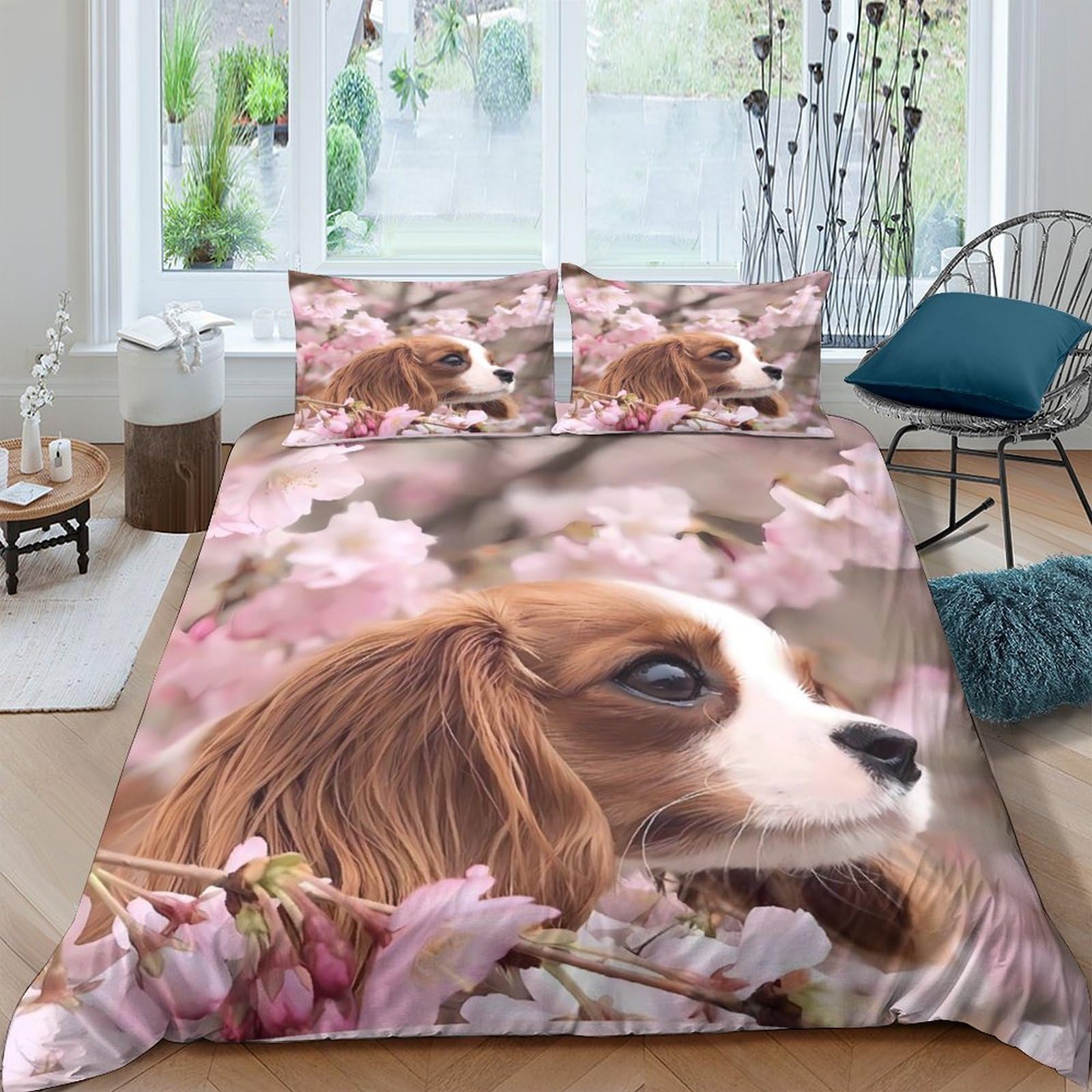 Ctjqhvkz Style-2 3D Printed Spring Blossom Fitted Sheet Microfiber Soft Dog Portrait Mattress Cover For Bedroom Guestroom Decor Single（135X200cm）