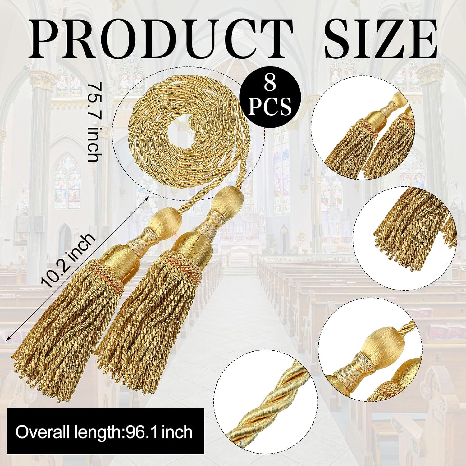 8 Pcs Weighted Church Pew Reservation Rope with Heavy Tassels Ends Reserved Church Seating Accessory Pew Rope for Wedding Funeral Seating Reserved Signs (8ft,Gold)