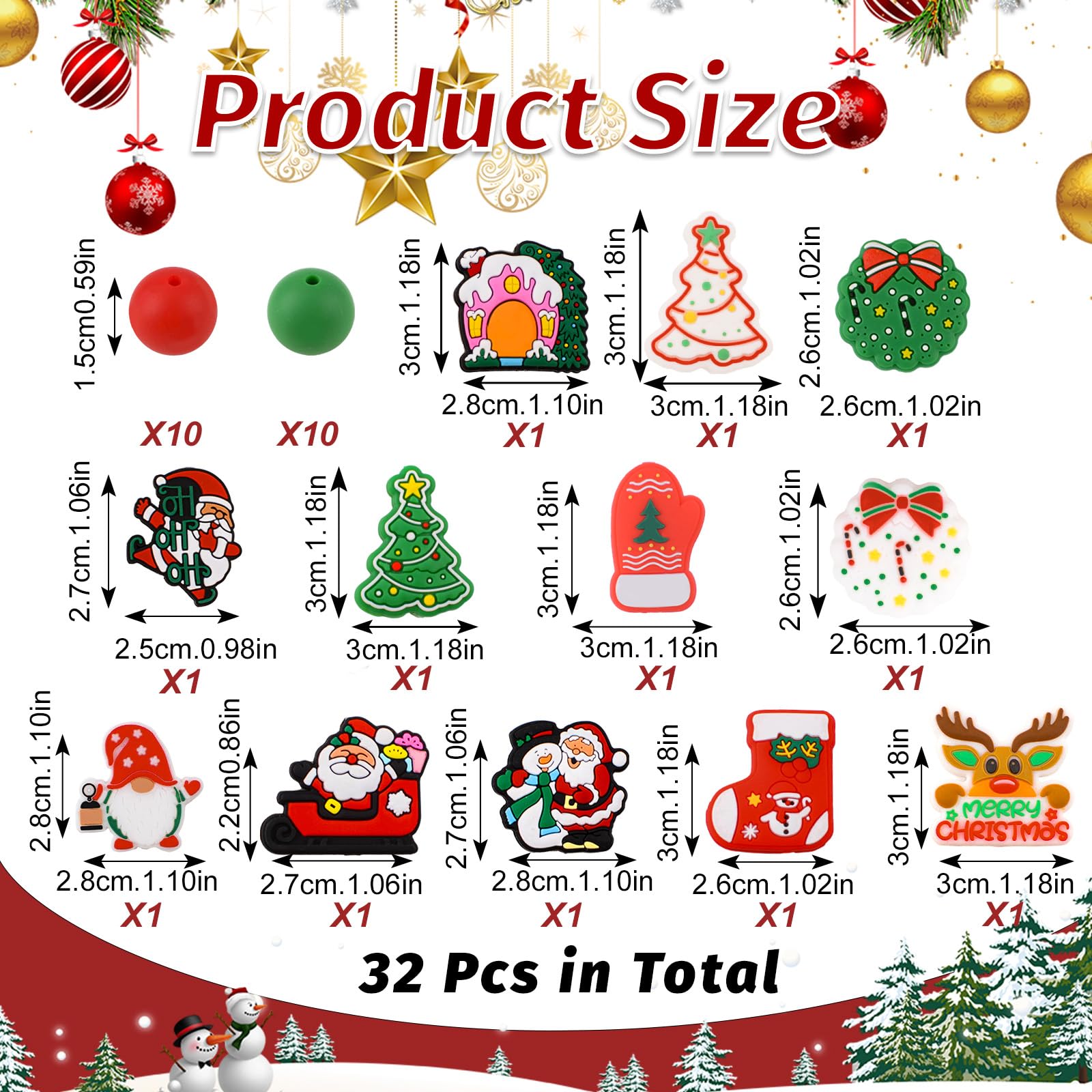 URROMA 32Pcs Christmas Silicone Beads Irregular&Round Spacer Bead with Santa Claus Deer Shape Loose Beads for DIY Pen Bracelet Craft Making - Image 2