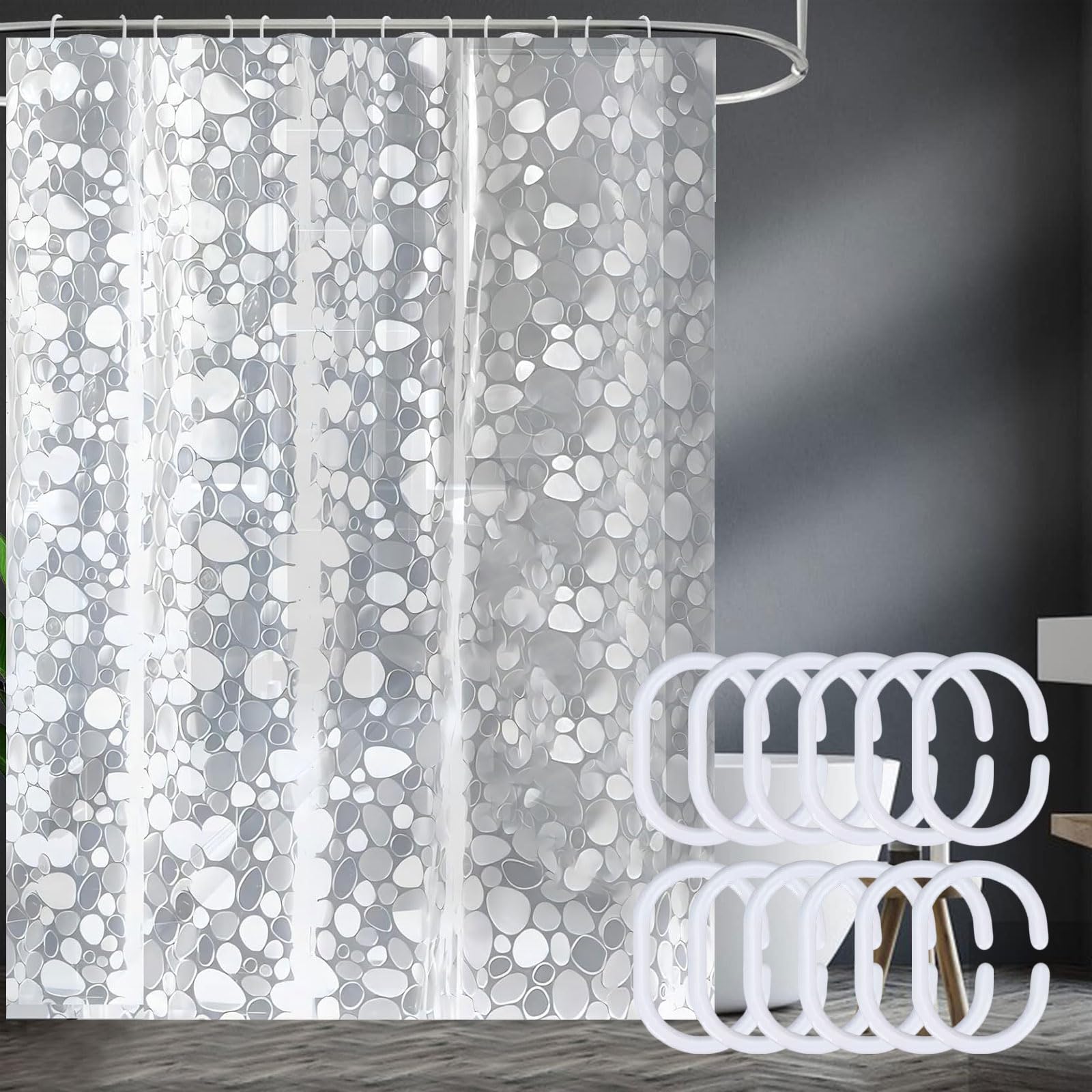 Cortina de Ducha Translúcida Impermeable, 200 x 180CM EVA Cortina de Baño, Cortinas de Baño EVA Lavable, con Patrón de Guijarros 3D, Antimoho, Antibacteriano, con 12 x Ganchos, para Ducha o Bañera