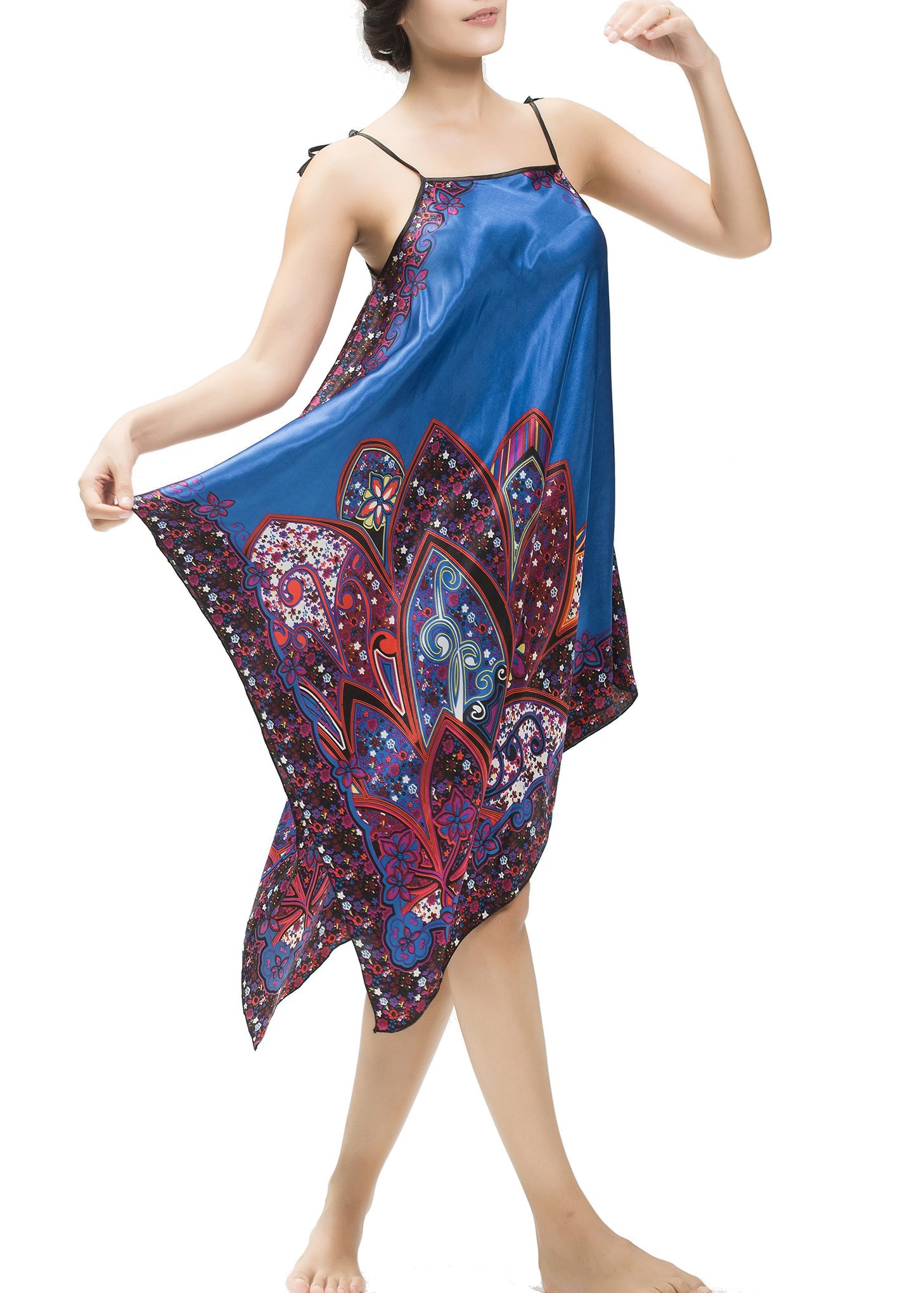 Aensso Women's Soft Satin Pajamas Chemise Sleepwear Nightgown Dress (Blue)