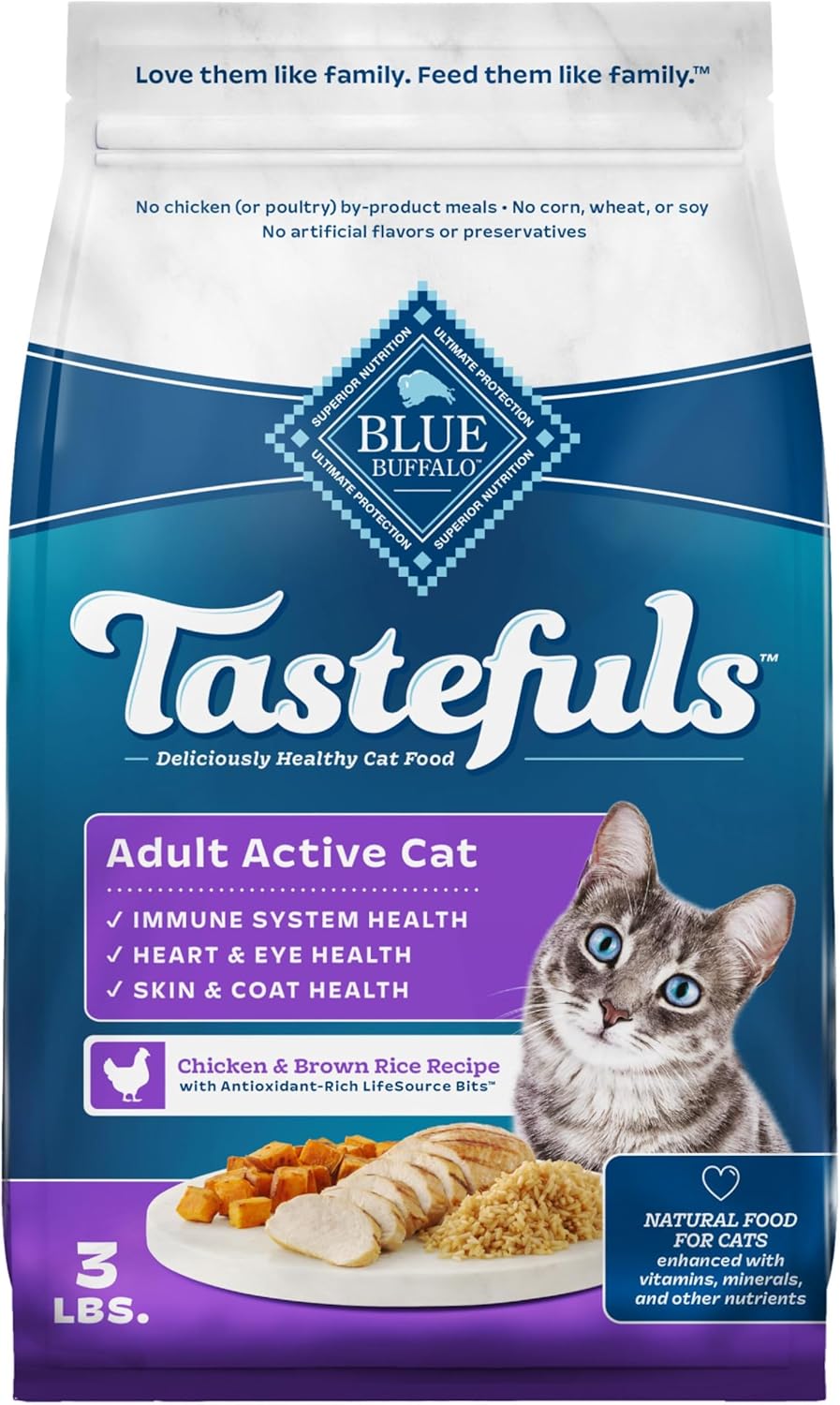 Blue Buffalo Tastefuls Active Cat Dry Cat Food, Made in the USA with Natural Ingredients, Chicken & Brown Rice Recipe, 3-lb. Resealable Bag Chicken & Brown Rice 3 Pound (Pack of 1)