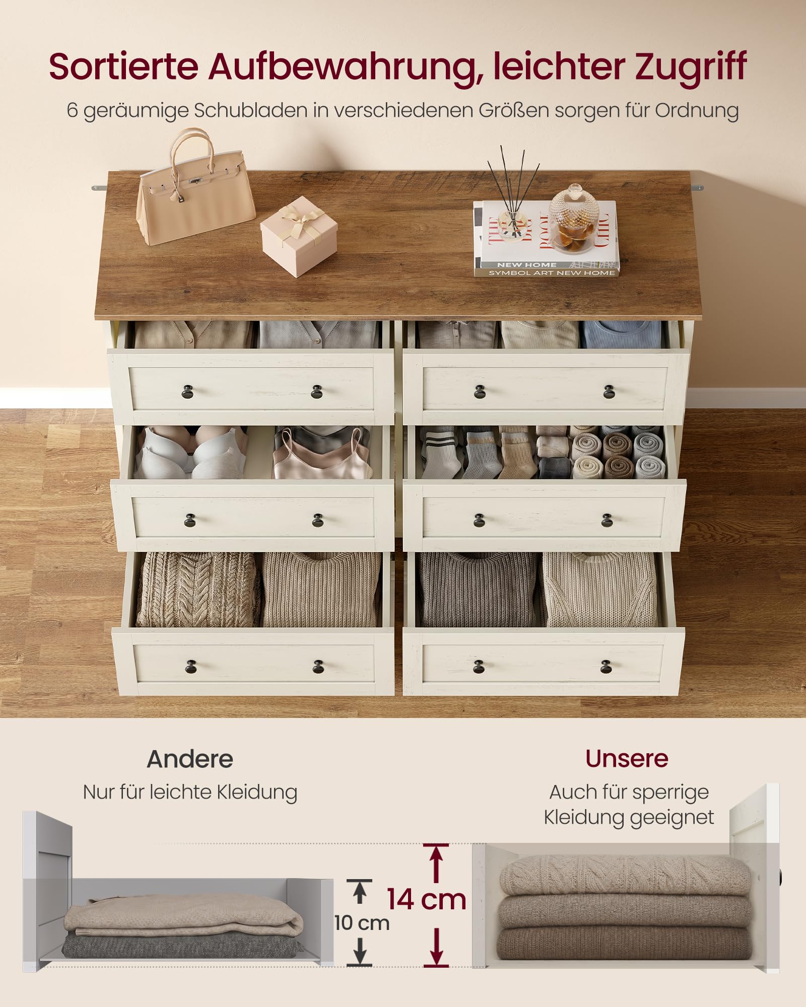 VASAGLE Kommode mit 6 Schubladen, Aufbewahrungsschrank aus Holzspanplatte und MDF, 120 x 40 x 78 cm, Weiß, Landhausstil, für Schlafzimmer, Flur, Siren Kollektion LTS663WJ01