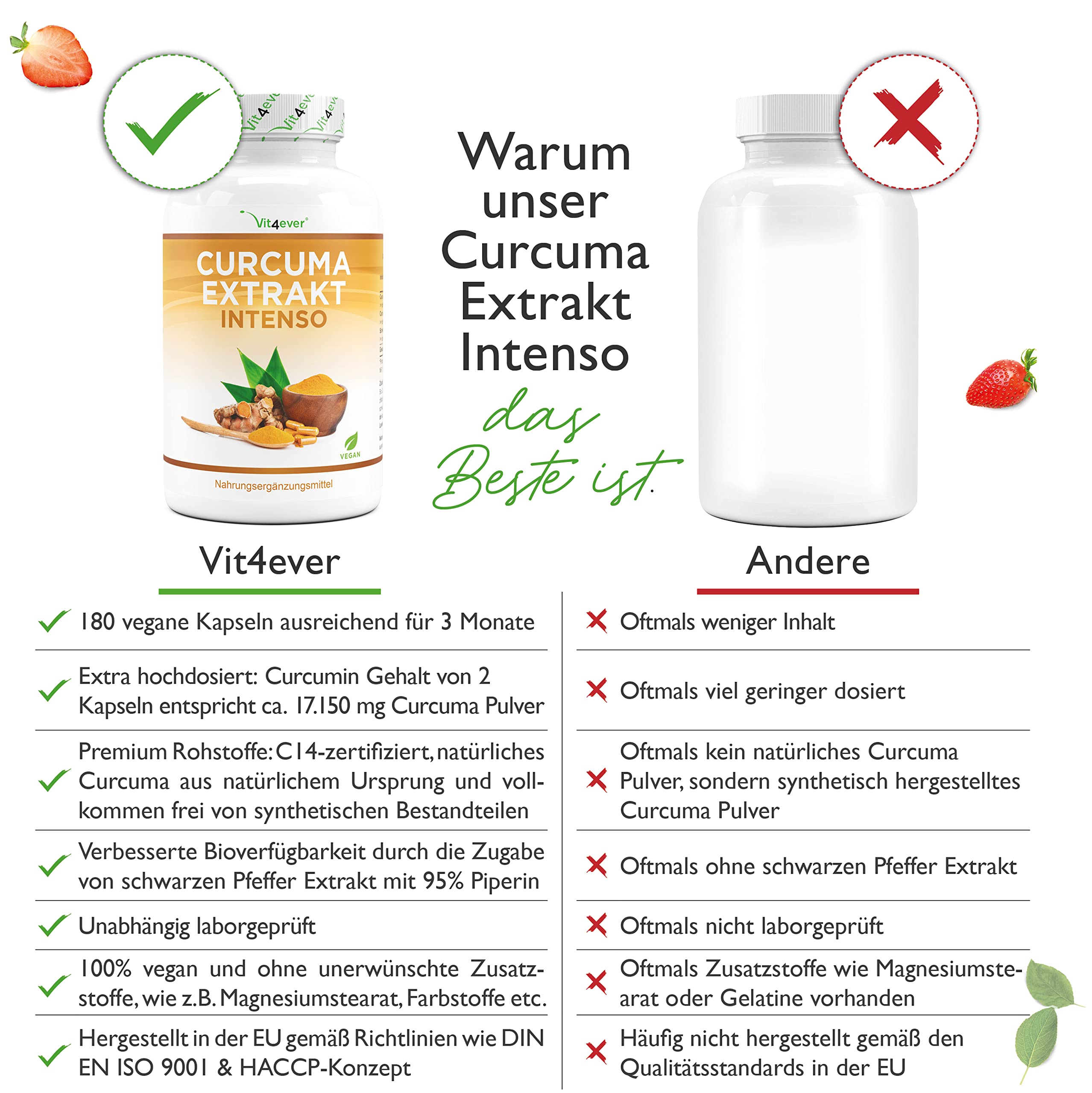 Curcuma Extrakt - 180 Kapseln - Premium: Mit 98% Extrakt - Curcumingehalt je Tagesportion entspricht 17.150 mg Kurkuma - Laborgeprüft - Vegan