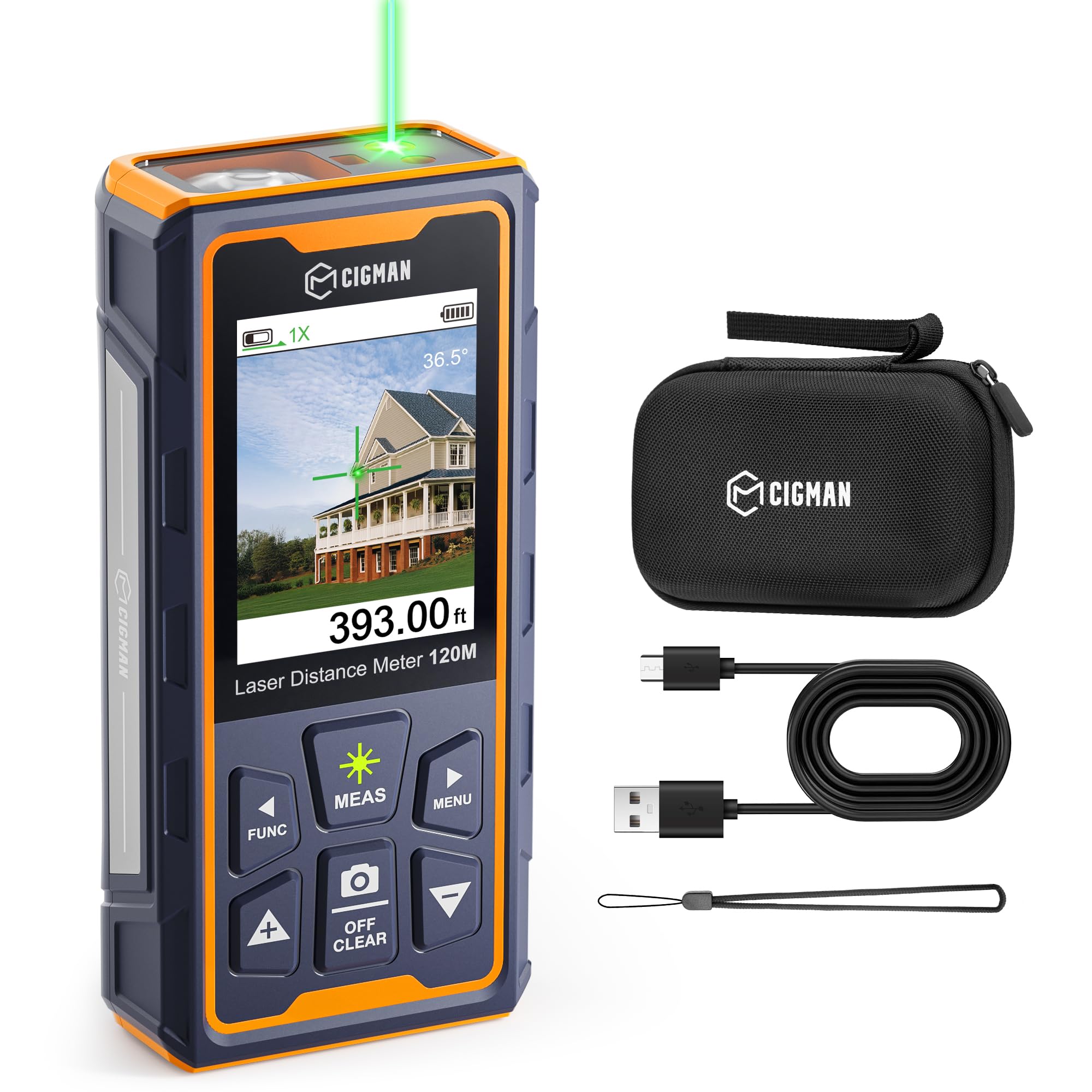 CIGMAN Bilateral Laser Measure Device, 120m/393ft Laser Distance Meter, LCD Display Level Bubble, Portable Laser Measurement Tool, High Accuracy Laser Tool, Rechargeable Battery Built-in