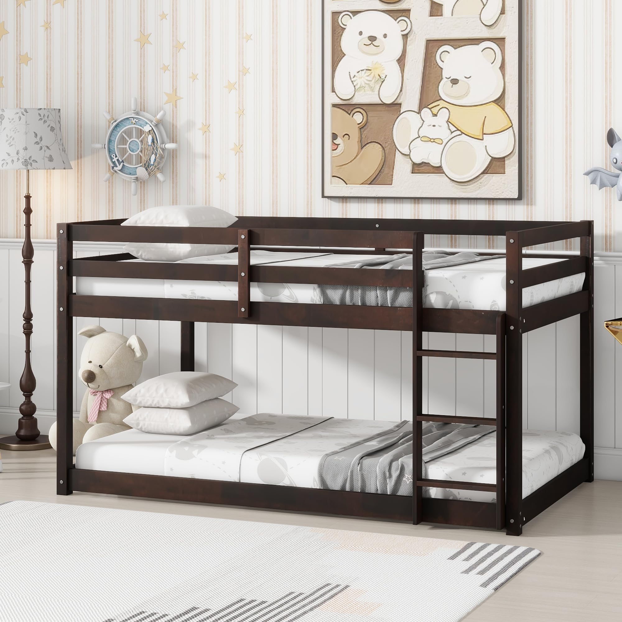LUKEEHOM Low Floor Bunk Bed in Espresso