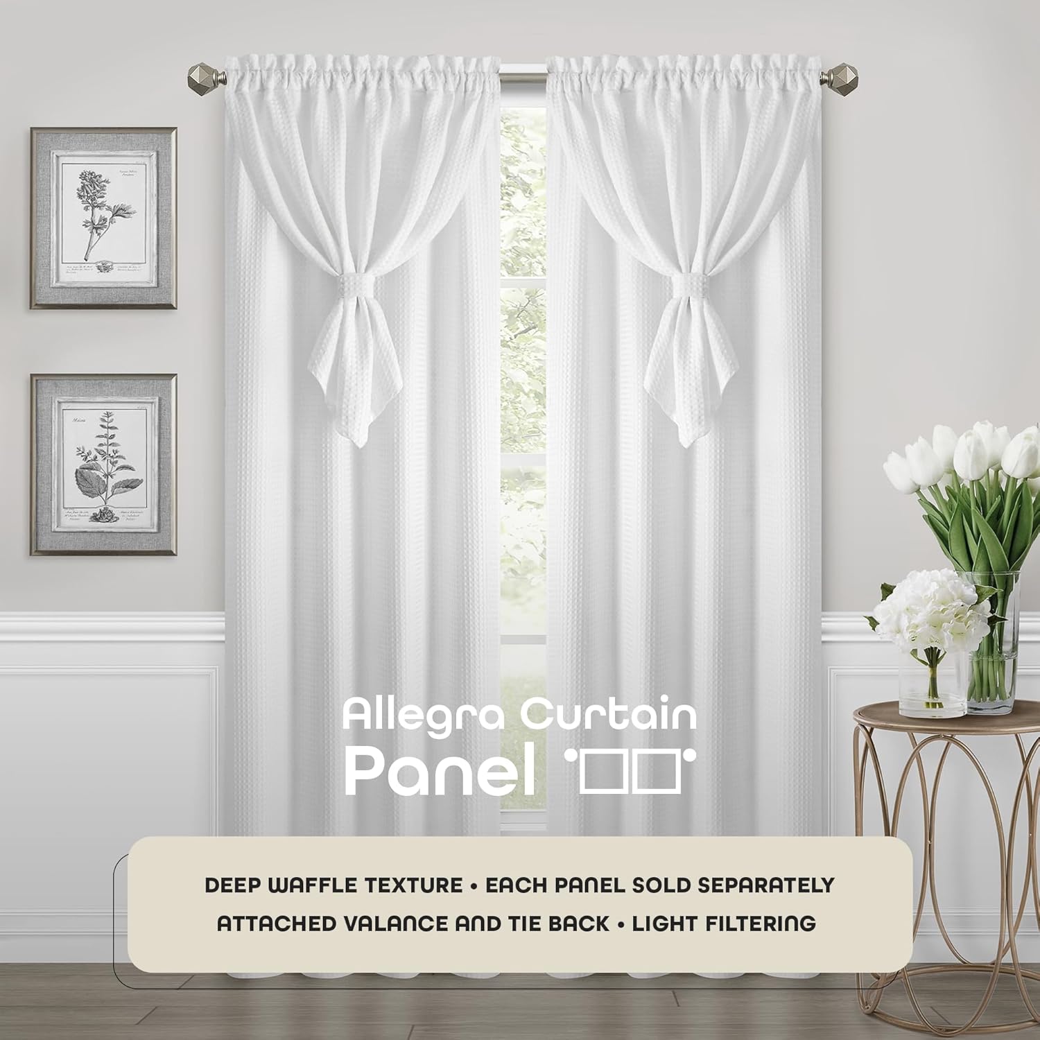 Allegra Window Curtain Panel with Attached Teardrop-Style Valance - 42 Inch Width, 63 Inch Length, 2-inch Rod Pocket - White - Ultra-Soft Light Filtering Fabric & Machine Washable by Achim Home Decor