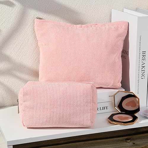 Miniatura 2 de SOIDRAM Bolsa de maquillaje de 2 piezas, bolsa grande de pana para cosméticos, bolsa de aseo de viaje, bolsa de aseo de viaje, organizador de