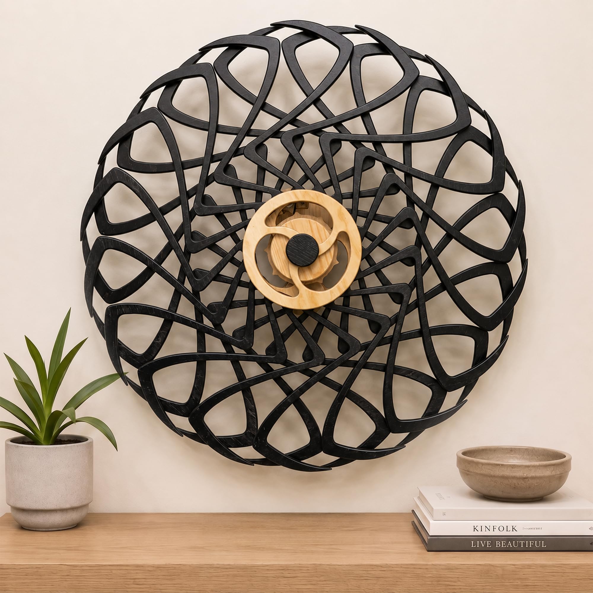Mindsight Kinetic Wandkunst, Wind up to power friedliche Ripple-Bewegung (kein Batterie/Kabel), Beruhigende Wanddekoration für Wohnzimmer, Küche, Schlafzimmer, Büro, langlebige Akazie, 1 Jahr Kriegg