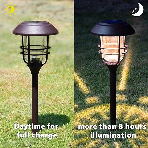 Miniatura 6 de SOLPEX Paquete de 4 luces solares para exteriores, luces de camino de vidrio y metal, salida de lúmenes altos por LED para paisaje, césped, patio,