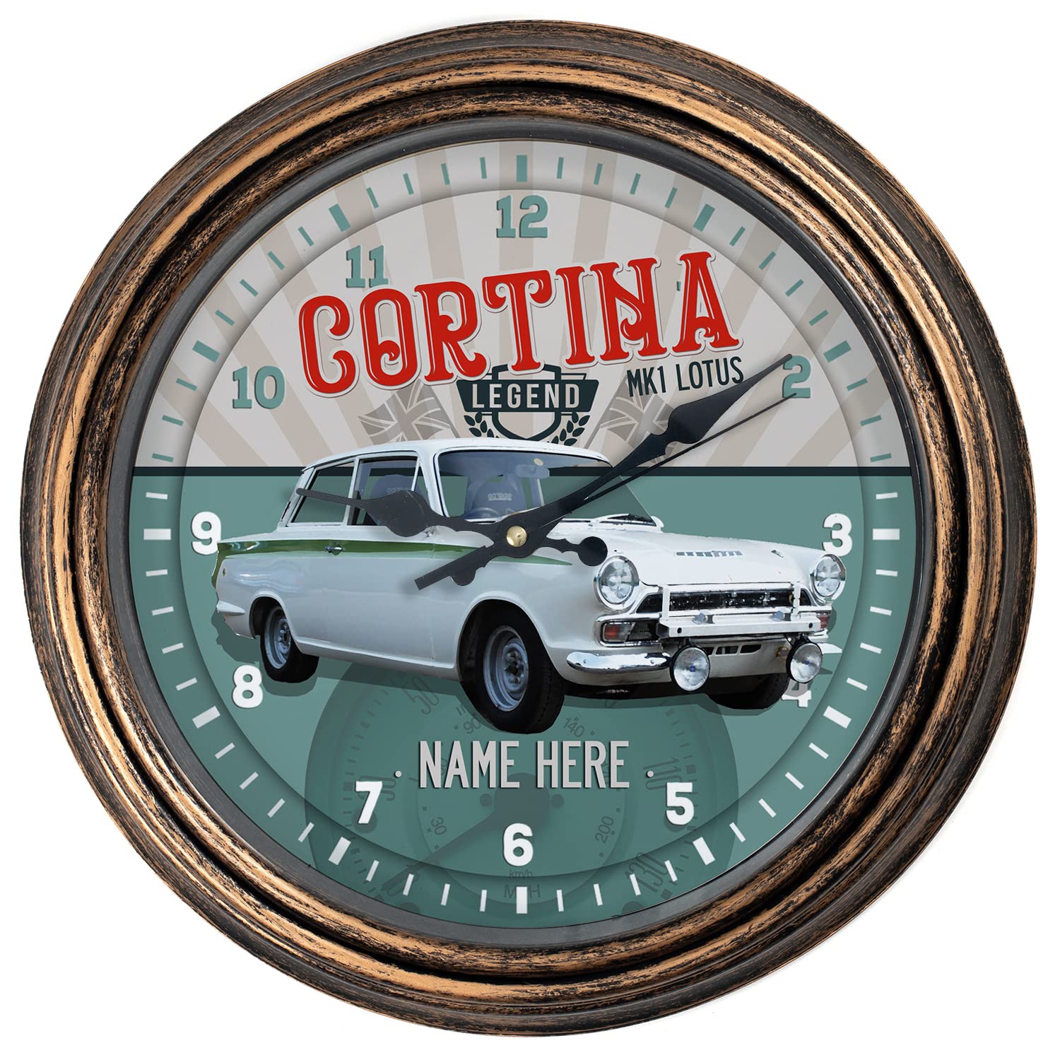 KRAFTYGIFTS Personalised Car Wall Clock Cortina MK1 Lotus Round Hanging Glass Front Garage Clock Birthday Gift VCC07
