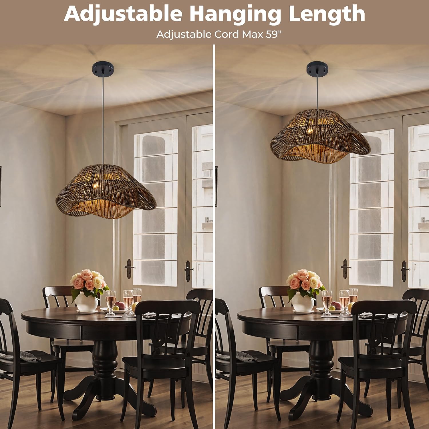 LumStory Dark Brown Rattan Pendant Light Fixture Farmhouse Boho Woven Rattan Chandelier for Dining Room, 3-Light Large Black Bohemian Rustic Wicker Ceiling Hanging Lamp Over Table for Kitchen Island