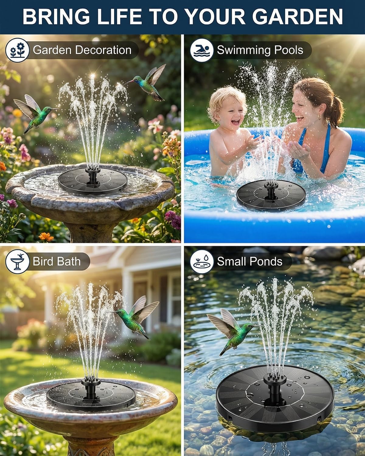 Solar Fountain for Bird Bath, 2026 Upgrade 1.4W Solar Power Water Fountain Pump with 7 Nozzles, Free Standing Floating Powered Fountains for Garden, Pond, Pool, Birdbath (6.3 inch)