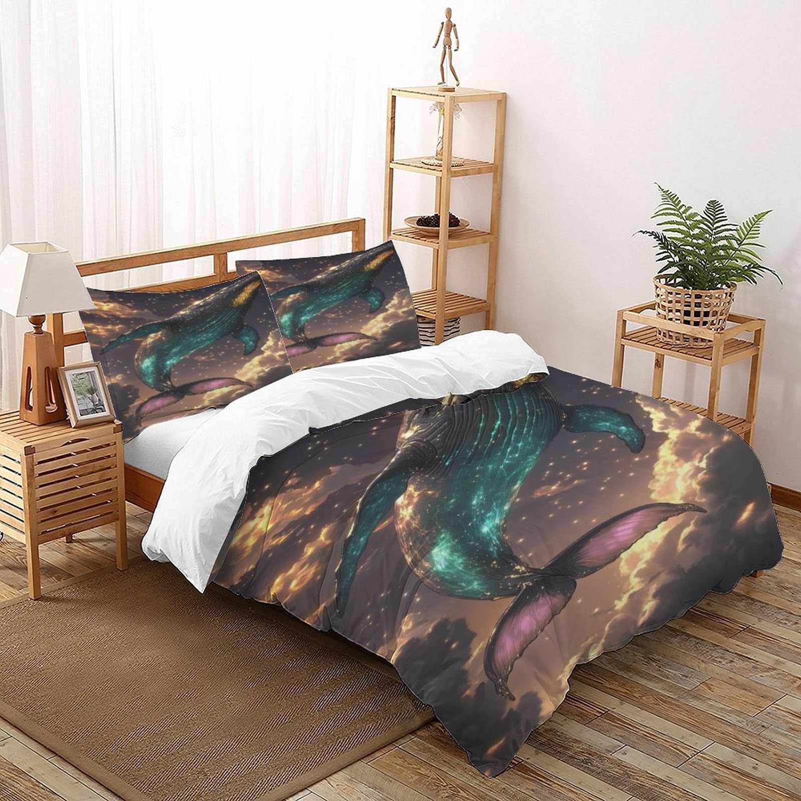 Whale Starry Sky Bedding Set Theme Bedspread Animal Theme Wildlife Marine Animal Duvet Cover Set Microfiber Quilt Cover Universal for All Seasons Pillowcase Super King（260x220cm）