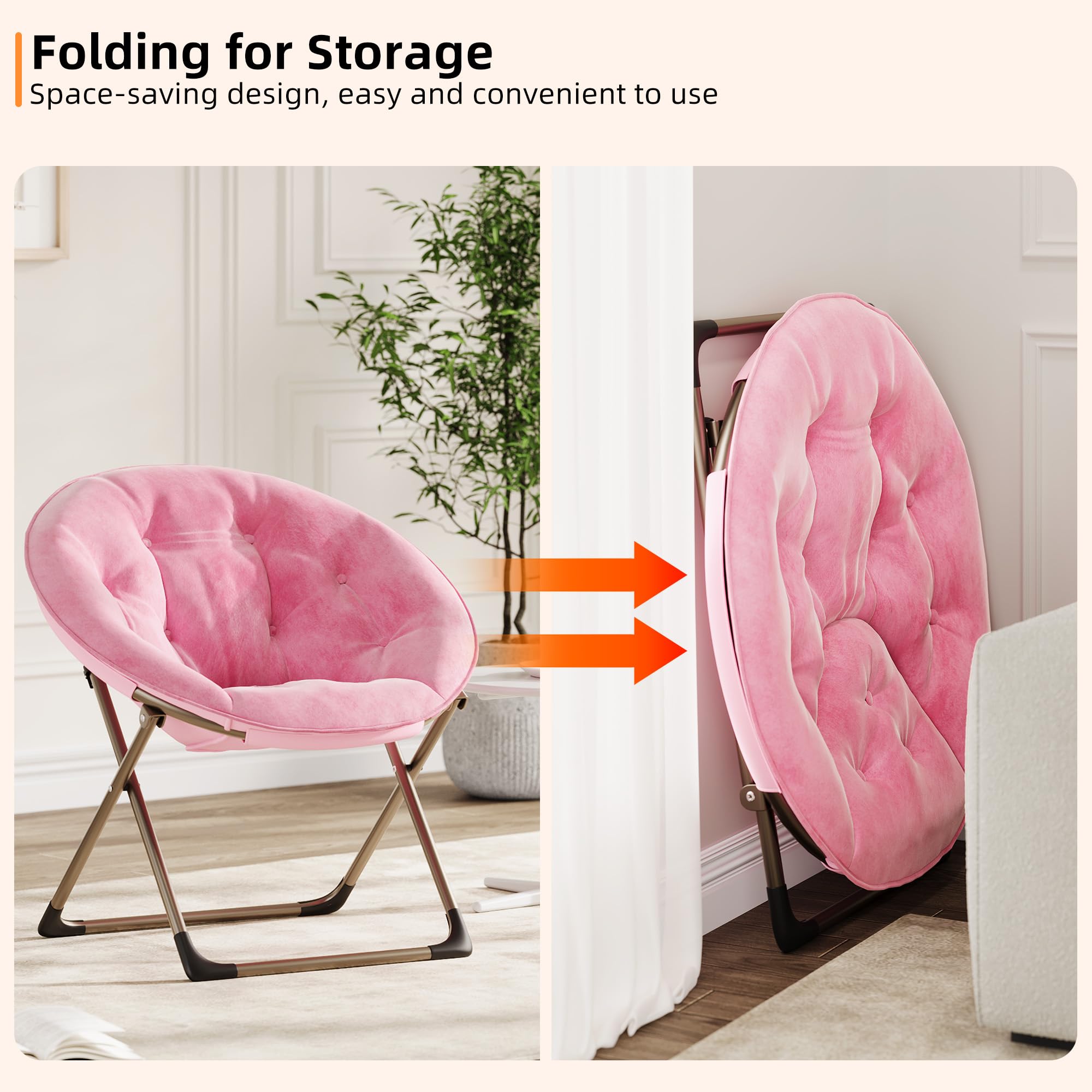 Garvee Silla Moon Plegable de Felpa Suave para Dormitorio - Estructura Metálica Resistente - Oversize y Cómoda - Ideal para Adultos, Adolescentes y Niños - Lectura y Descanso - Rosa con Patas Doradas