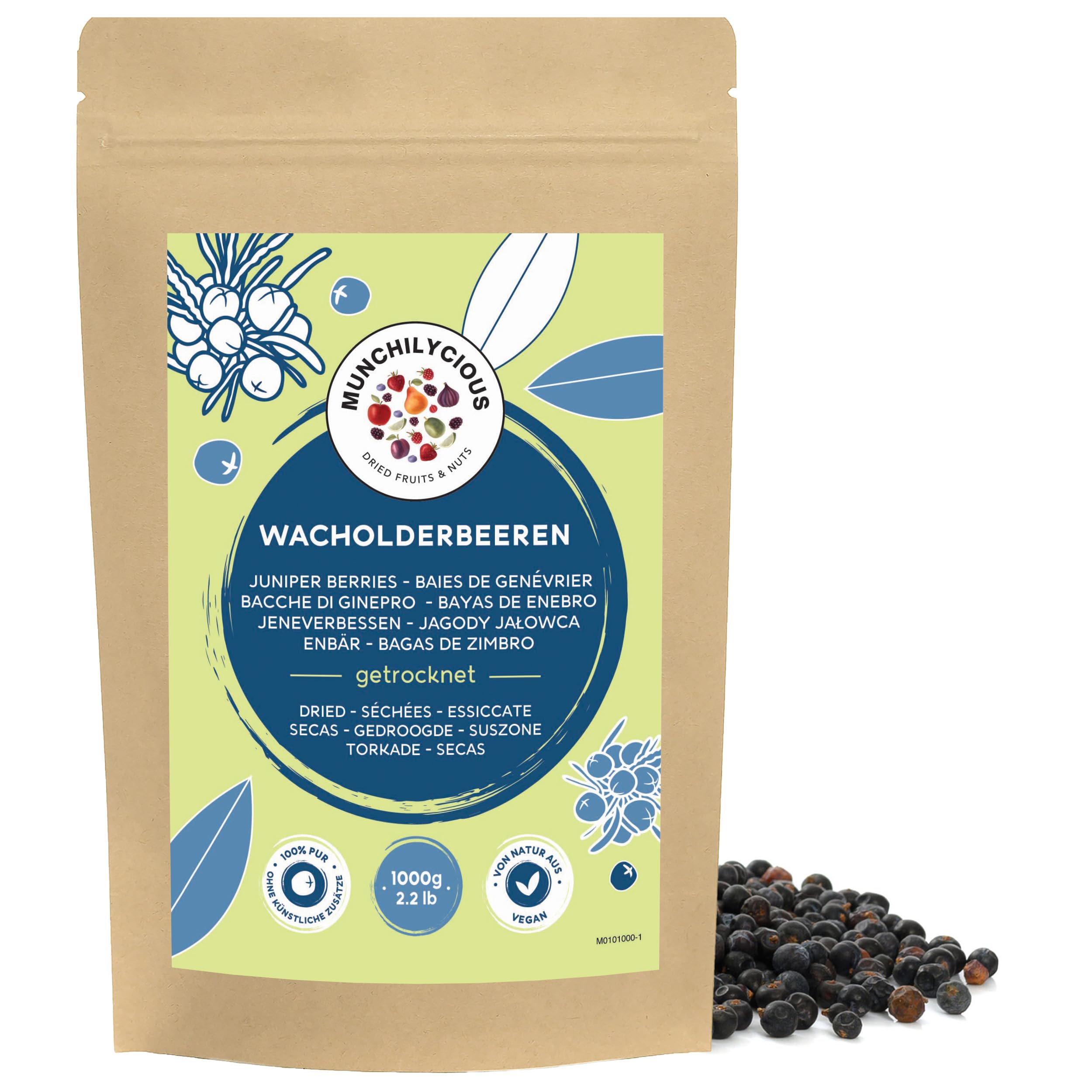 Munchilycious Bacche di Ginepro Essiccate 1kg, Ginepro Bacche Intere senza Zuccheri, Frutta Secca
