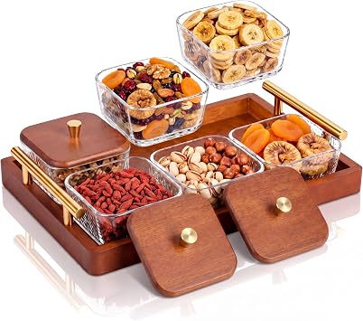 Domensi 6 Glass Snackle Box with Wood Tray and Lids Dry Fruit Container Jars Divided Serving Snack Tray with Gold Handles, Snackle Box Container Platter for Candy, Condiments Home Entertaining