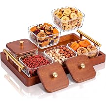Domensi 6 Glass Snackle Box with Walnut Tray and Lids Dry Fruit Container Jars Divided Serving Snack Tray with Gold Handles, Snackle Box Container Platter for Candy, Condiments Home Entertaining