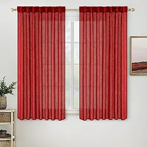 MIULEE Red Linen Short Curtains 63 Inch Length 2 Panels for Kitchen Bedroom, Christmas Soft Thick Linen Textured Window Drapes Living Room Semi Sheer Light Filtering Back Tab Burlap Look Decor