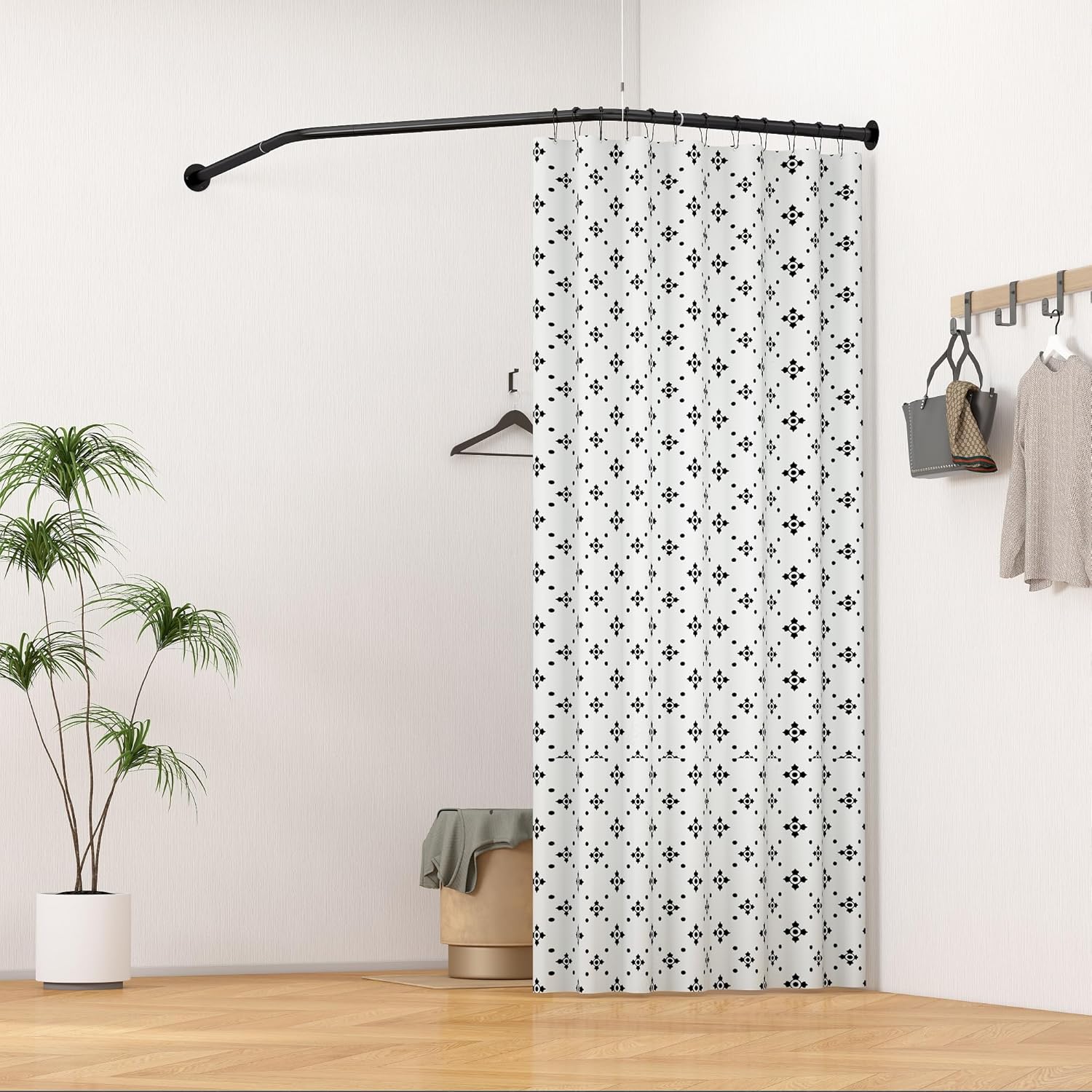 Corner Shower Curtain Rod, Diamond Shaped Shower Pole, Curved Shower Curtain Rod for Bathroom, 304 Stainless with 12 Ring Hooks & Ceiling Support [Sides: 22"-34.8", Middle: 28"-43.7"] (Black)