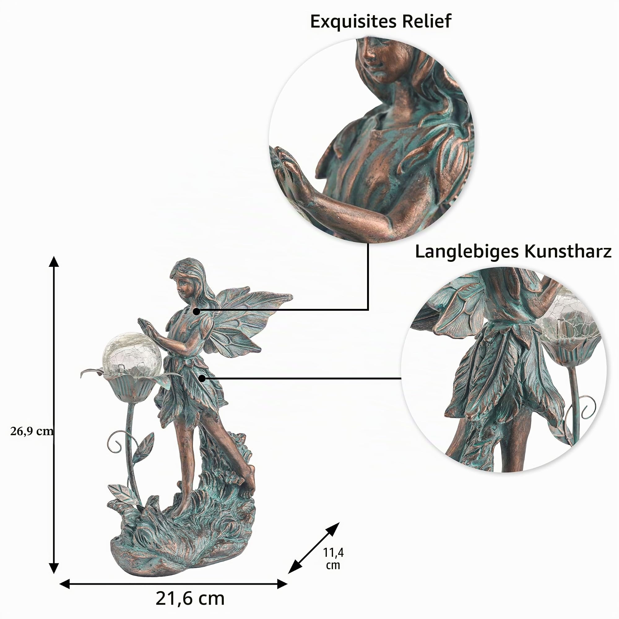 TERESA'S COLLECTIONS Große Feengarten-Statue mit solarbetriebenen Lichtern, Garten-Skulpturen und Statuen, die mit Craquelé-Glaskugel Spielen, Gartenkunst für Rasen, Hof, Dekorationen (Bronze)
