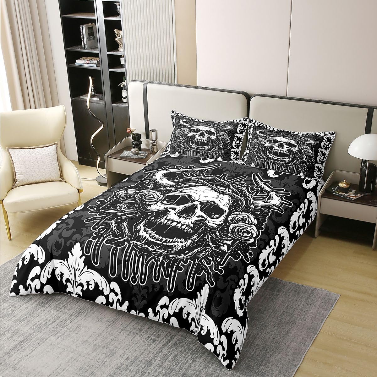Homewish Gotycka czaszka king size poszewka na kołdrę straszne Halloween gotycka bawełna zestaw pościeli egzotyczny adamaszek kwiatowy poszewka na kołdrę bohema wiktoriańskie zestawy łóżek