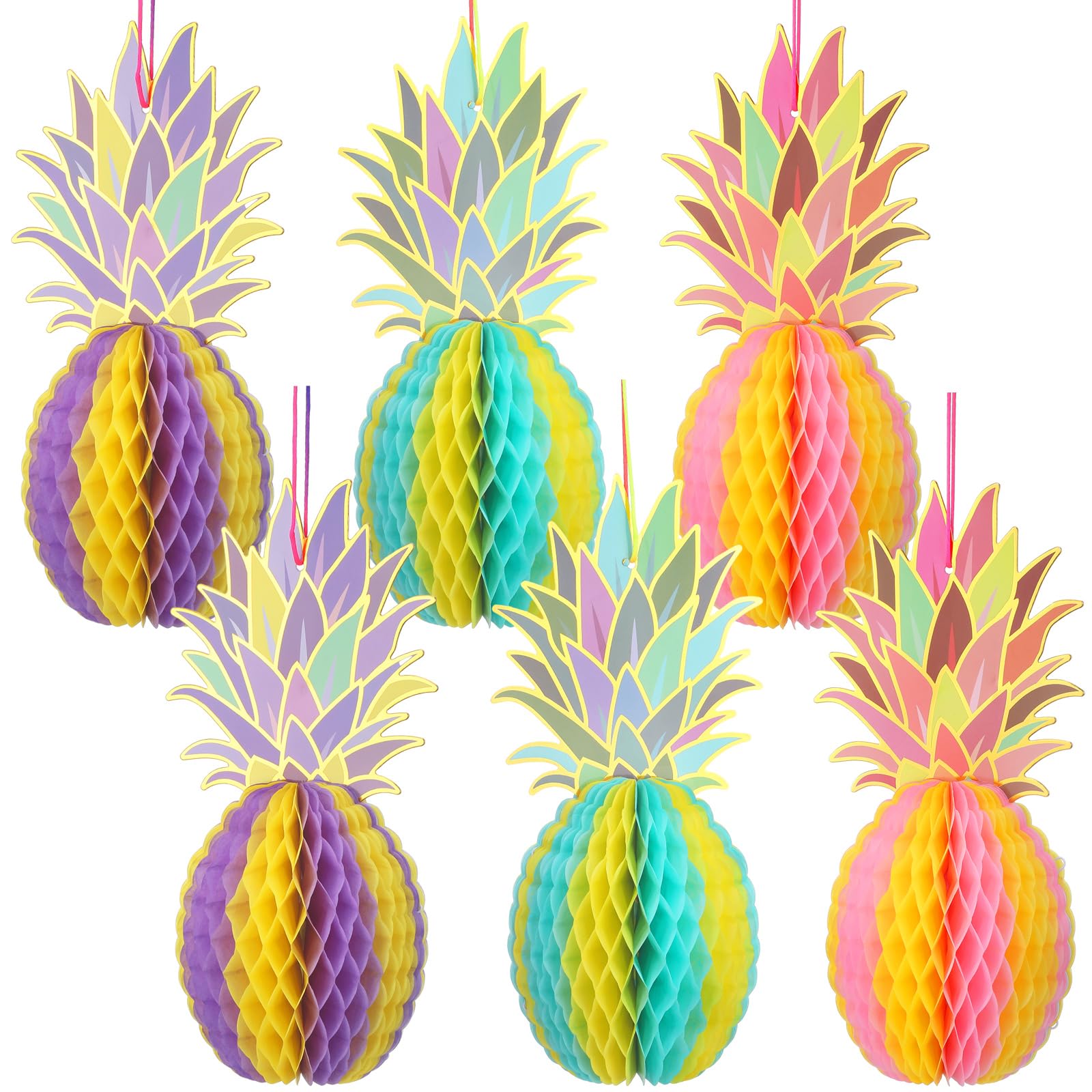 Fourluoo 6 Pcs Large Colorful Pineapple Honeycomb Paper Centerpieces 5.5 x 7.9 Inch Summer Pineapple Party Hanging Decorations 3D Table Decor for Birthday Baby Shower