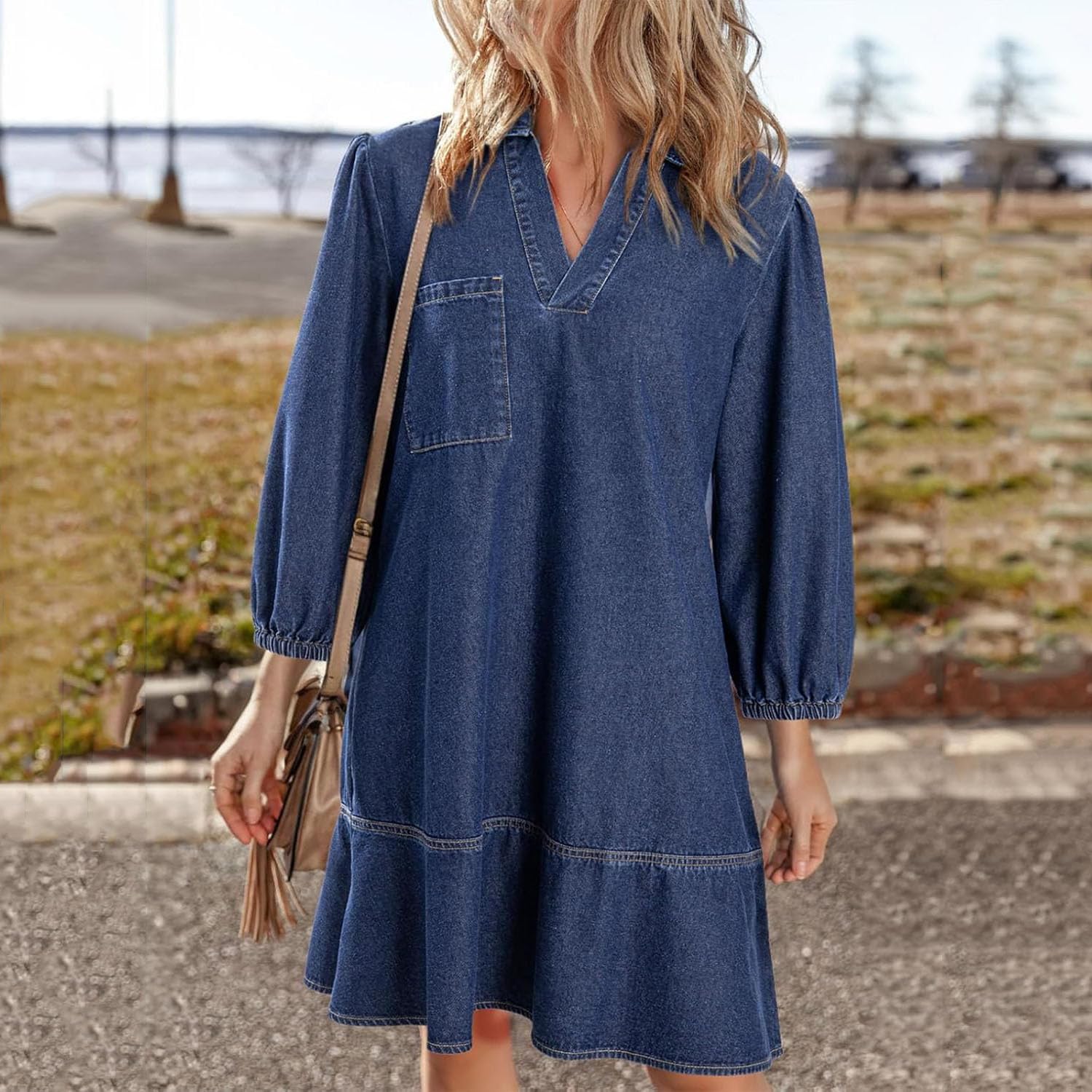 Vestido Vaquero con Capas, Cuello en V y Mangas abullonadas para Mujer, Vestidos Vaqueros con Volantes y Mangas 3/4, Vestido Vaquero Camisero Holgado de Verano con Bolsillos. (Lndigo,S)