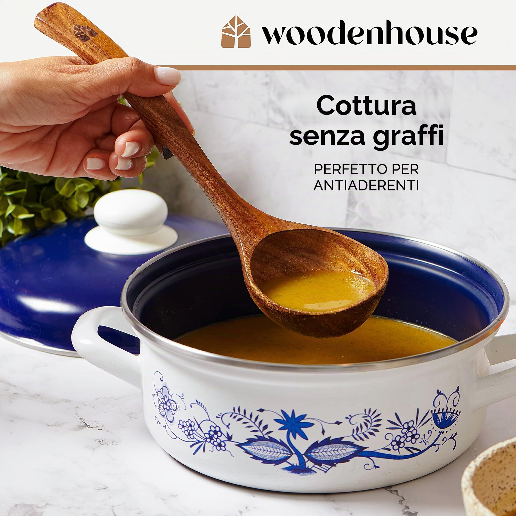 Set Mestoli Cucina Legno, Mestolo Zuppa, Antigraffio, Fatti a Mano con Ganci, Mescolare e Servire Alimenti, Minestre e Zuppe, 3 pezzi