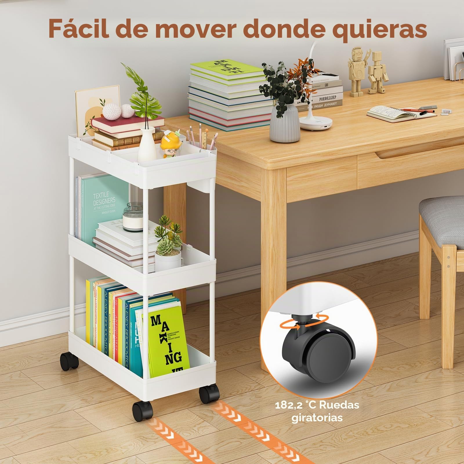 Pack of 3 Carrito Auxiliar Baño con Ruedas 3 Niveles Ahorro de Espacio Carro Organizador con Ganchos y Tazas de Cocina Oficina (Blanco)