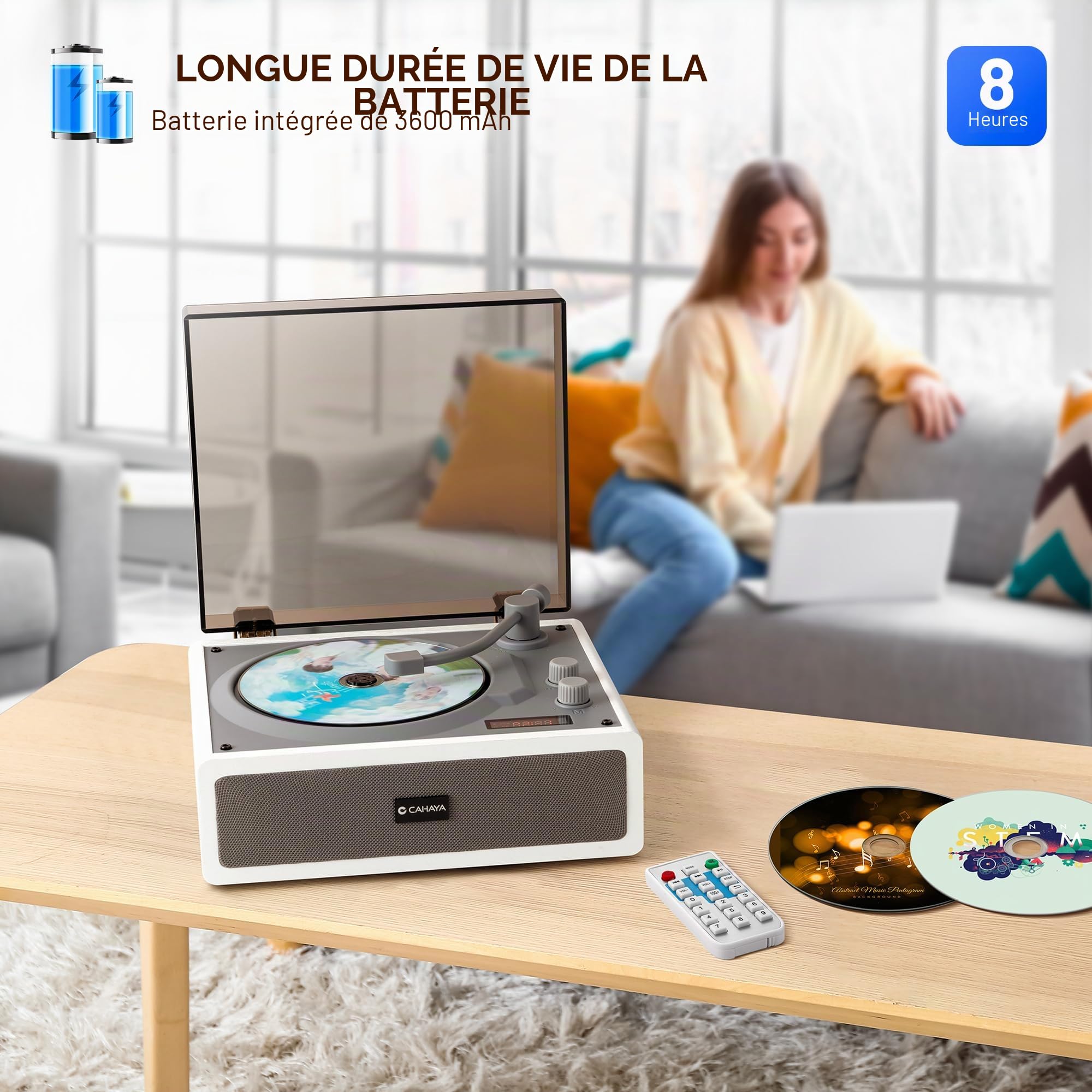 Lecteur CD portable CAHAYA pour usage domestique avec deux haut-parleurs Hi-Fi intégrés, télécommande et connexion pour téléphone et PC, parfait comme cadeau