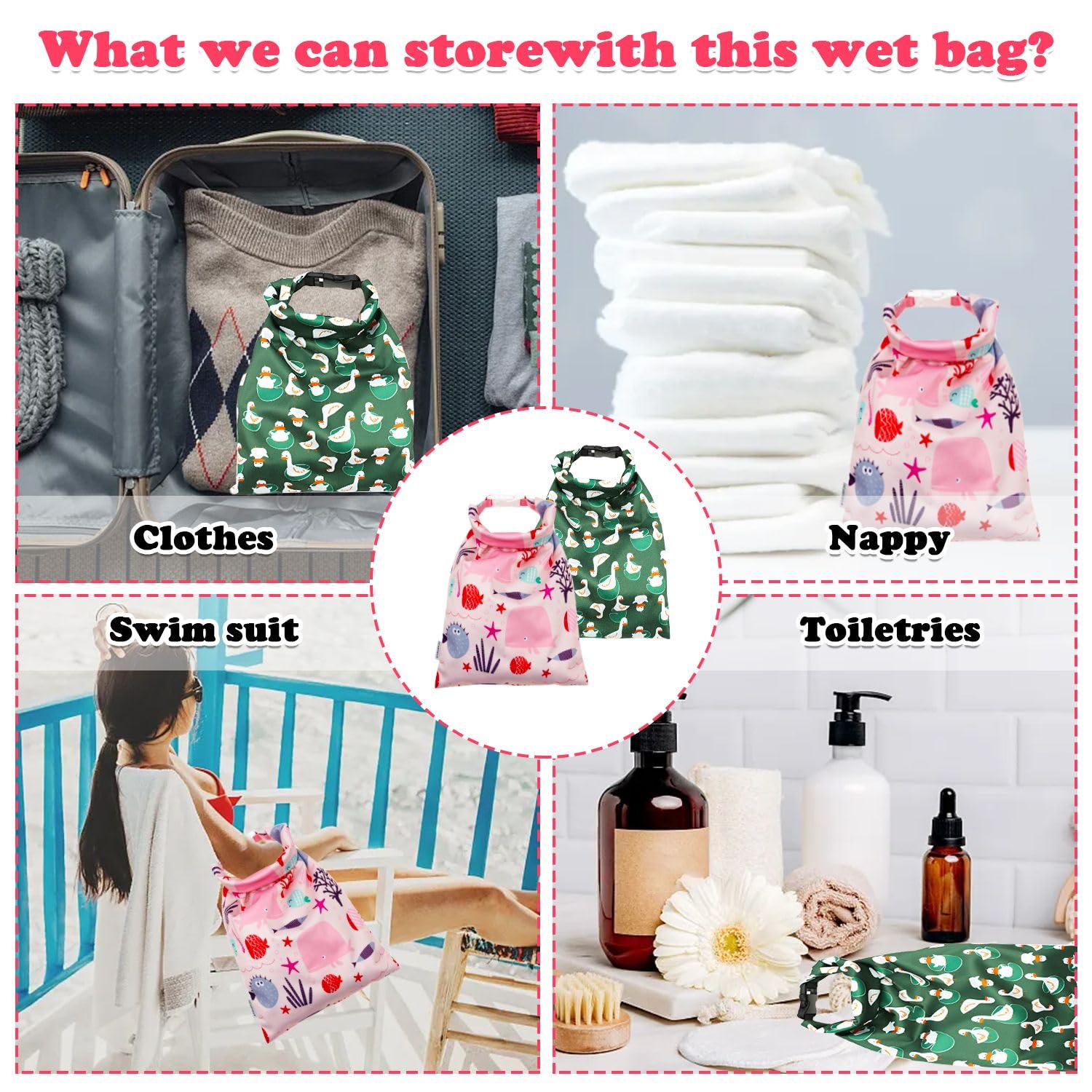 Lot de 2 sacs à couches imperméables pour bébé - Pour vêtements humides et secs, Rose, vert., Non