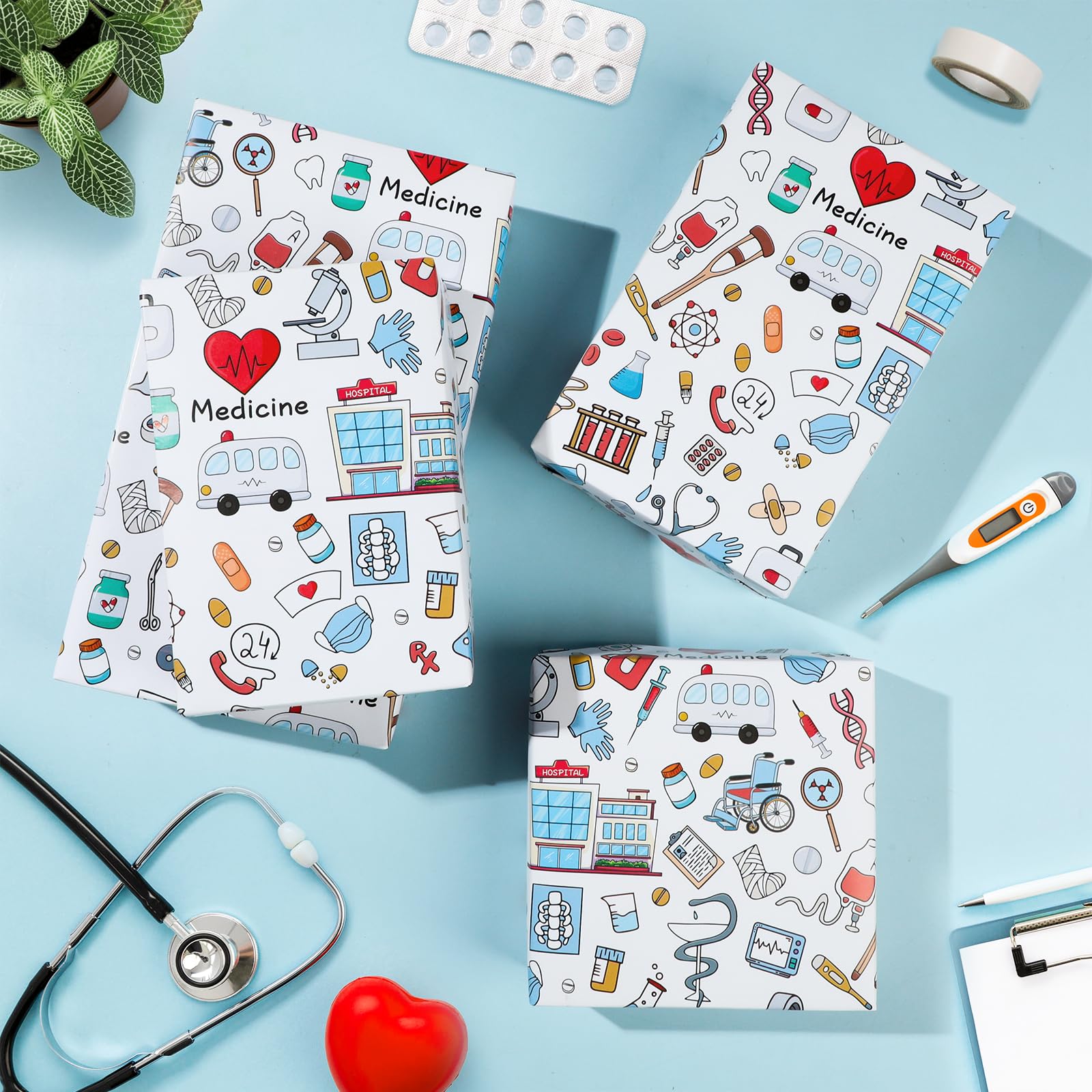1 rolka medycznego papieru do pakowania - Doctor Nurse Hospital tematyczne opakowanie prezentowe na imprezy służby zdrowia, ukończenie szkoły, emeryturę, 43 cm x 497 cm